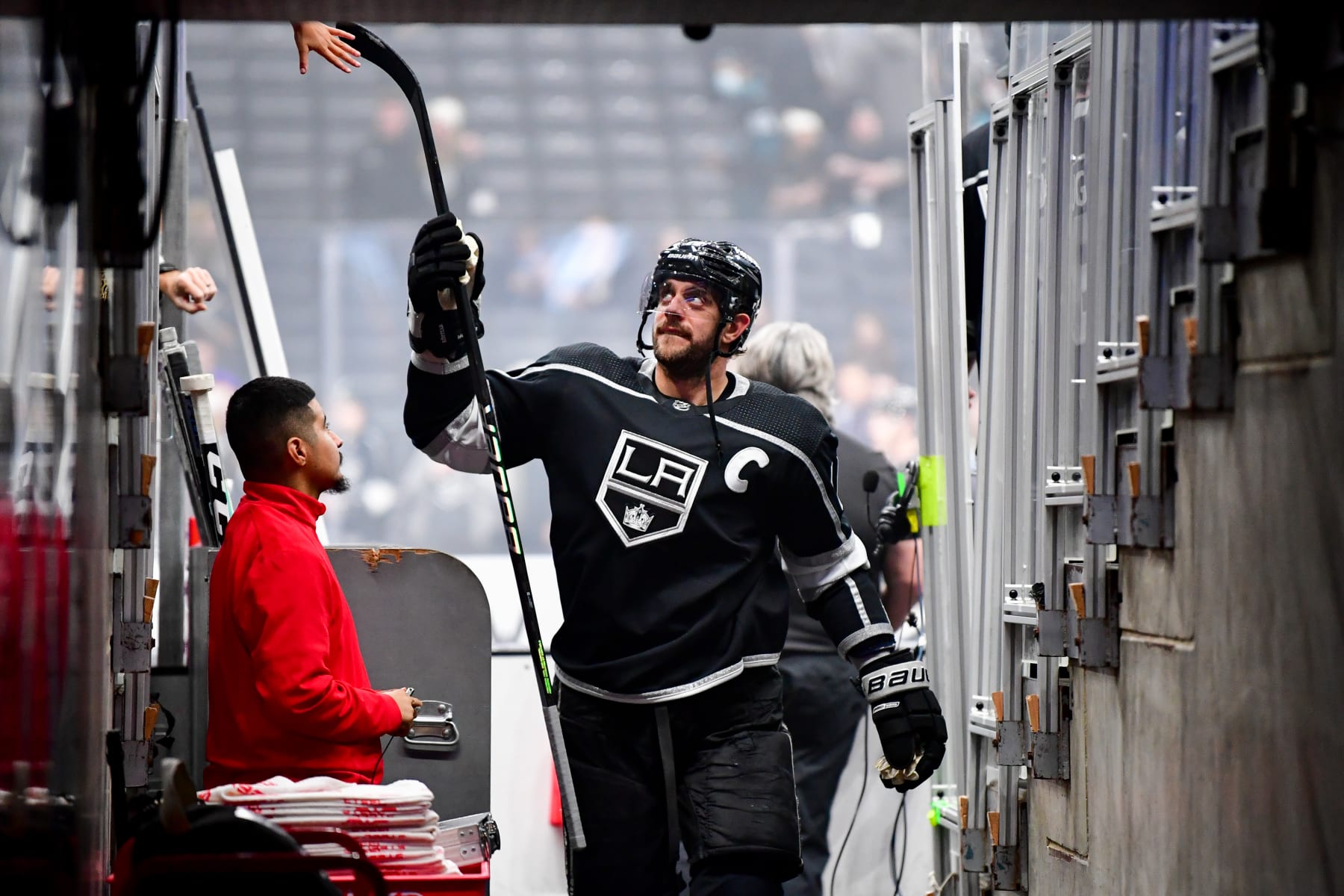 LOS ANGELES, CA - JANUARY 11: Anze Kopitar #11 of the Los Angeles Kings leaves the ice during warm ups prior to the game against the San Jose Sharks at Crypto.com Arena on January 11, 2023 in Los Angeles, California. (Photo by Gary A. Vasquez/NHLI via Getty Images)