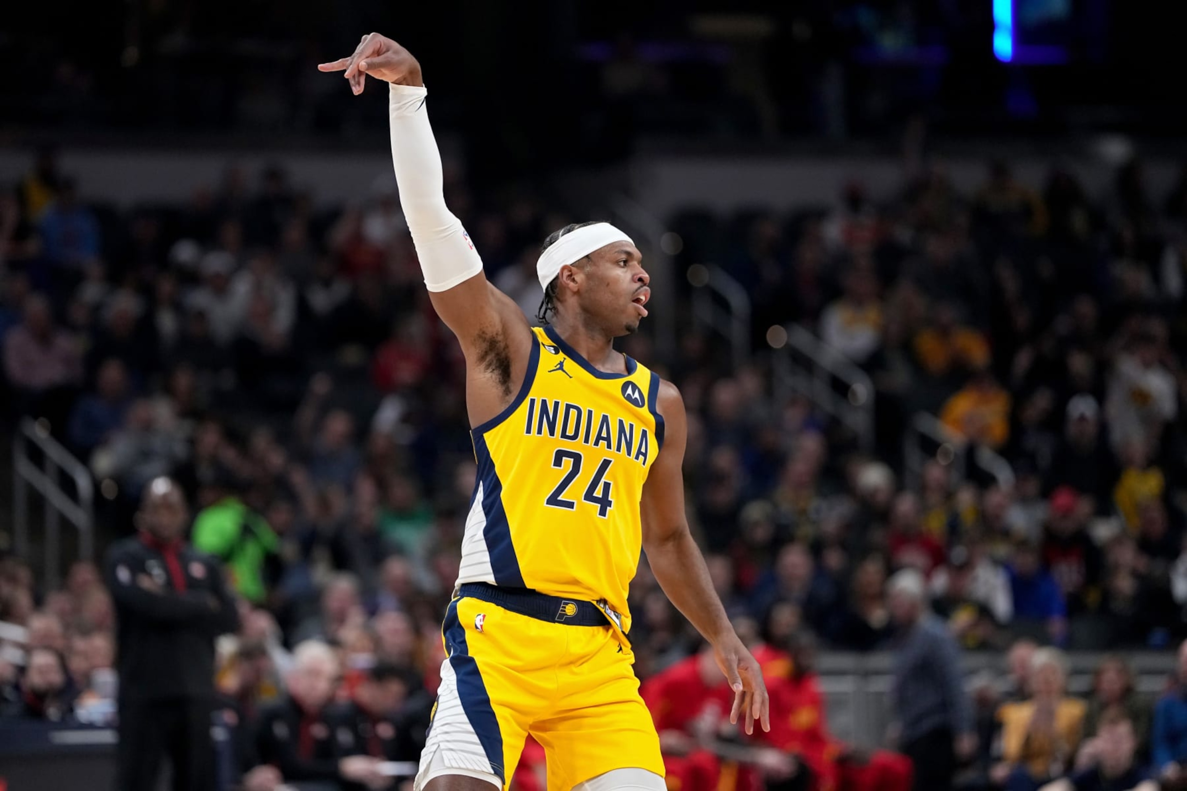 INDIANAPOLIS, INDIANA - JANUARY 13: Buddy Hield #24 of the Indiana Pacers reacts after making a shot in the first quarter against the Atlanta Hawks at Gainbridge Fieldhouse on January 13, 2023 in Indianapolis, Indiana. NOTE TO USER: User expressly acknowledges and agrees that, by downloading and or using this photograph, User is consenting to the terms and conditions of the Getty Images License Agreement. (Photo by Dylan Buell/Getty Images) INDIANAPOLIS, INDIANA - JANUARY 13: Buddy Hield #24 of the Indiana Pacers reacts after making a shot in the first quarter against the Atlanta Hawks at Gainbridge Fieldhouse on January 13, 2023 in Indianapolis, Indiana. NOTE TO USER: User expressly acknowledges and agrees that, by downloading and or using this photograph, User is consenting to the terms and conditions of the Getty Images License Agreement. (Photo by Dylan Buell/Getty Images)