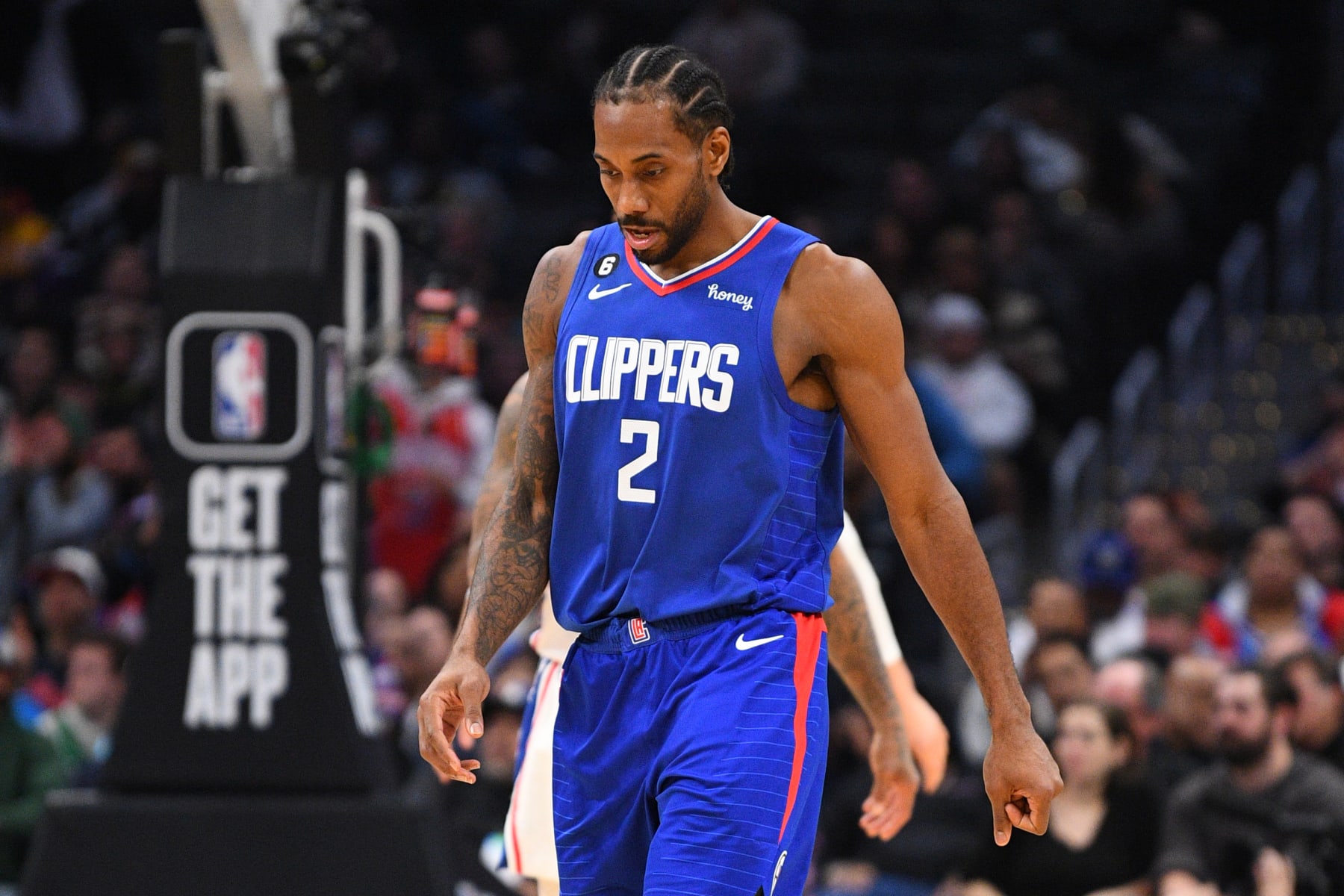 LOS ANGELES, CA - JANUARY 17: Los Angeles Clippers Guard Kawhi Leonard (2) reacts to a turnover during a NBA game between the Philadelphia 76ers and the Los Angeles Clippers on January 17, 2023 at Crypto.com Arena in Los Angeles, CA. (Photo by Brian Rothmuller/Icon Sportswire via Getty Images)