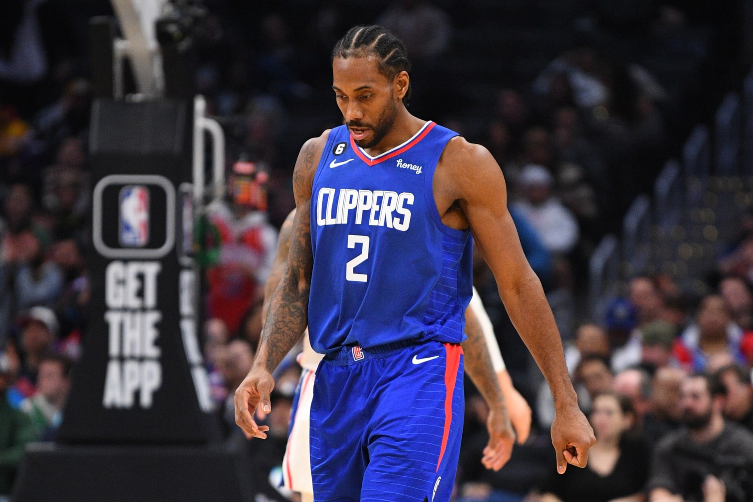 LOS ANGELES, CA - JANUARY 17: Los Angeles Clippers Guard Kawhi Leonard (2) reacts to a turnover during a NBA game between the Philadelphia 76ers and the Los Angeles Clippers on January 17, 2023 at Crypto.com Arena in Los Angeles, CA. (Photo by Brian Rothmuller/Icon Sportswire via Getty Images)