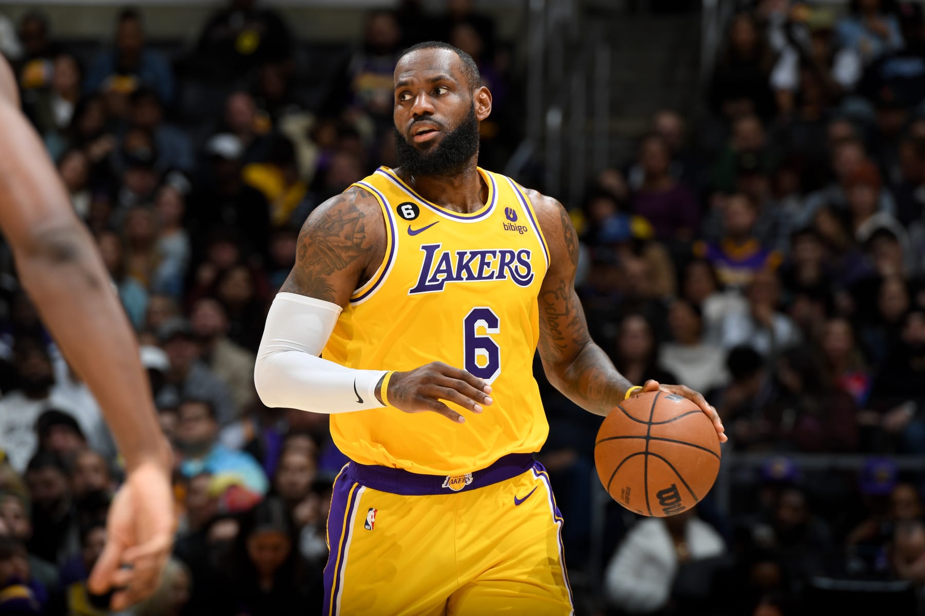 LOS ANGELES, CA - JANUARY 18: LeBron James #6 of the Los Angeles Lakers handles the ball during the game against the Sacramento Kings  on January 18, 2023 at Crypto.Com Arena in Los Angeles, California. NOTE TO USER: User expressly acknowledges and agrees that, by downloading and/or using this Photograph, user is consenting to the terms and conditions of the Getty Images License Agreement. Mandatory Copyright Notice: Copyright 2023 NBAE (Photo by Andrew D. Bernstein/NBAE via Getty Images)