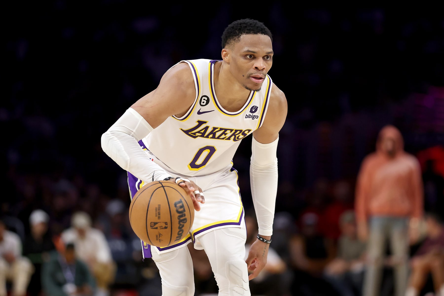 LOS ANGELES, CALIFORNIA - JANUARY 15:  Russell Westbrook #0 of the Los Angeles Lakers dribbles the ball during the second half of a game against the Philadelphia 76ers at Crypto.com Arena on January 15, 2023 in Los Angeles, California.  NOTE TO USER: User expressly acknowledges and agrees that, by downloading and or using this photograph, User is consenting to the terms and conditions of the Getty Images License Agreement. (Photo by Sean M. Haffey/Getty Images)