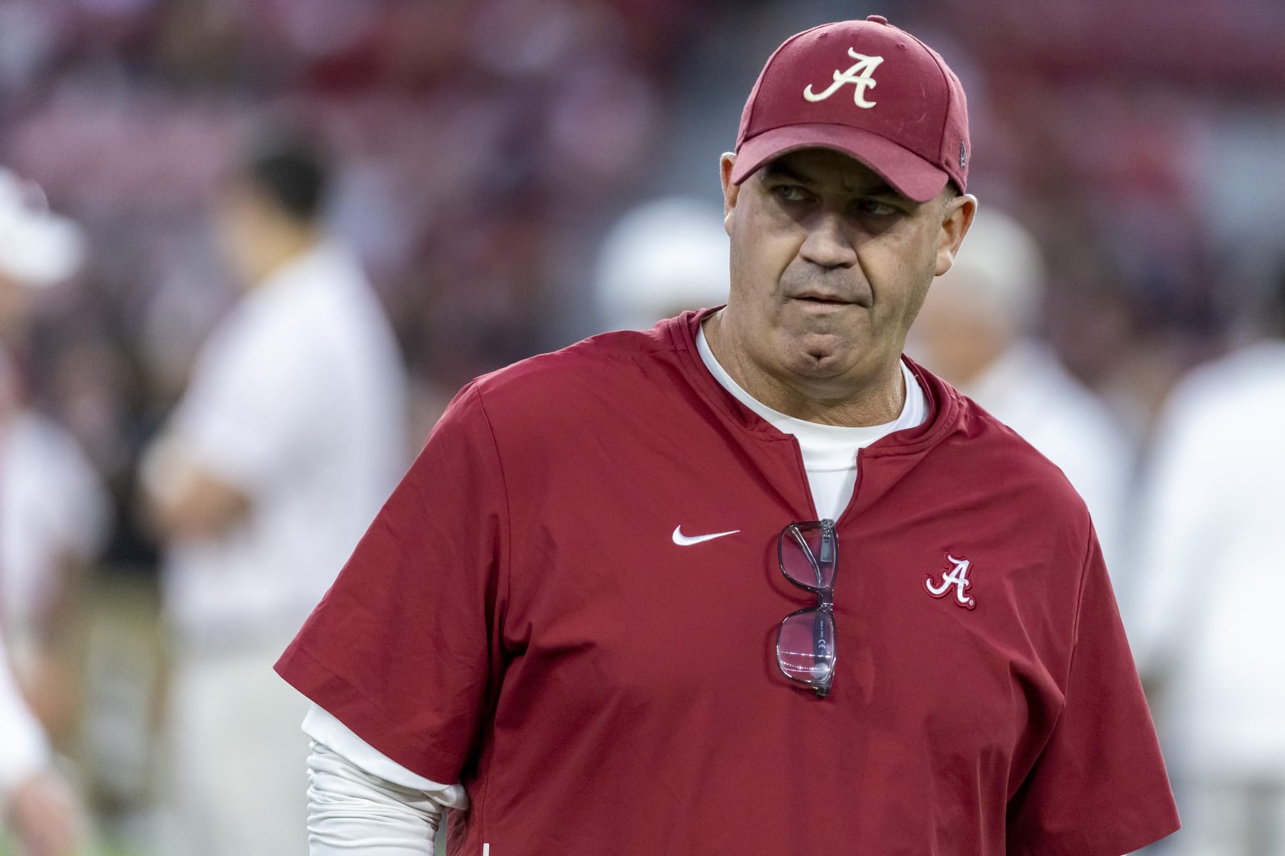 Alabama offensive coordinator Bill O'Brien watches warmups before an NCAA college football game against Texas A&M, Saturday, Oct. 8, 2022, in Tuscaloosa, Ala. (AP Photo/Vasha Hunt)