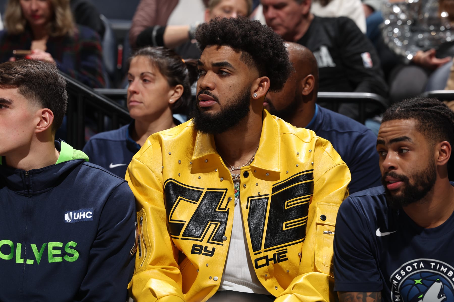 MINNEAPOLIS, MN -  DECEMBER 31: Karl-Anthony Towns #32 of the Minnesota Timberwolves looks on during the game against the Detroit Pistons on December 31, 2022 at Target Center in Minneapolis, Minnesota. NOTE TO USER: User expressly acknowledges and agrees that, by downloading and or using this Photograph, user is consenting to the terms and conditions of the Getty Images License Agreement. Mandatory Copyright Notice: Copyright 2022 NBAE (Photo by David Sherman/NBAE via Getty Images)