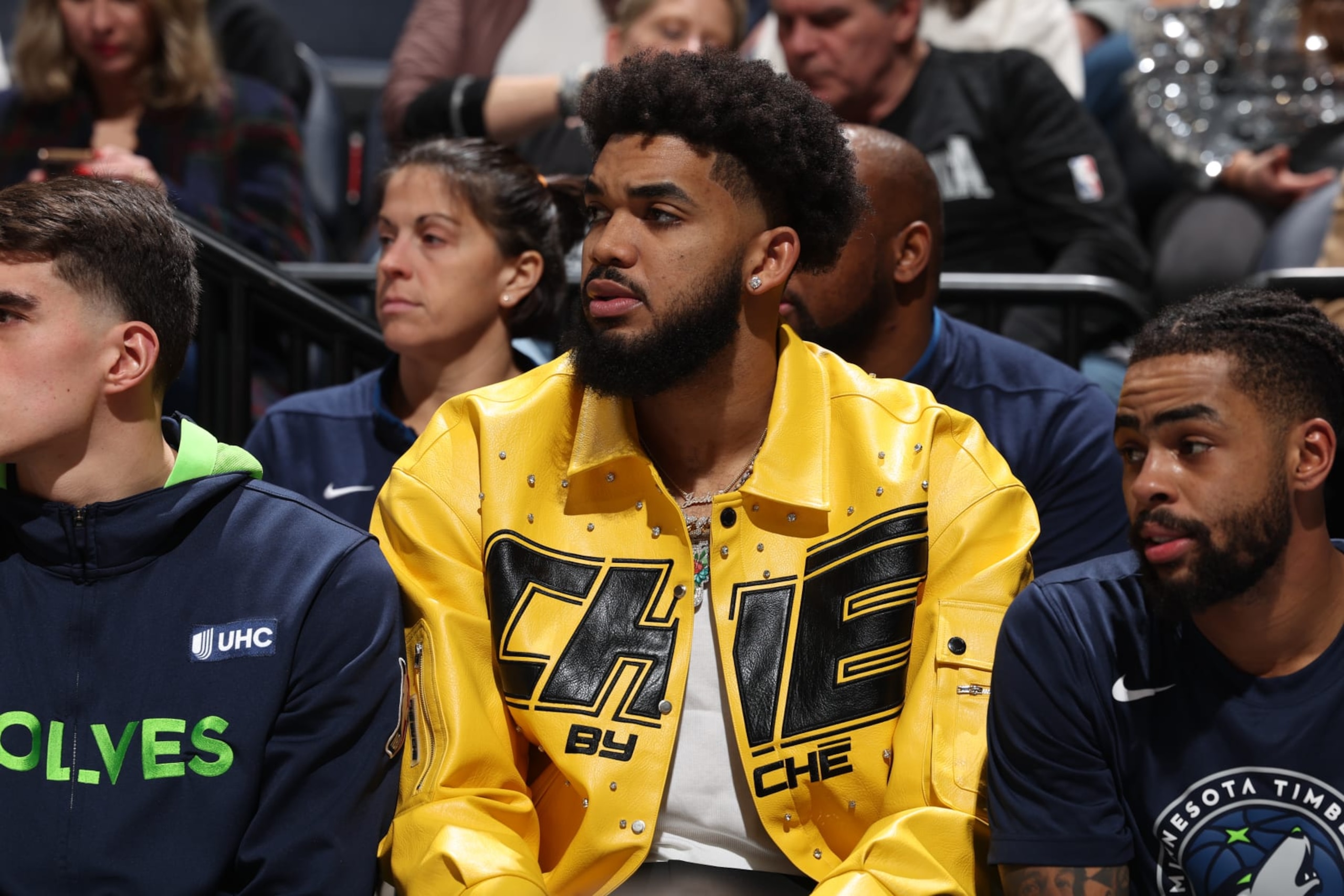 MINNEAPOLIS, MN -  DECEMBER 31: Karl-Anthony Towns #32 of the Minnesota Timberwolves looks on during the game against the Detroit Pistons on December 31, 2022 at Target Center in Minneapolis, Minnesota. NOTE TO USER: User expressly acknowledges and agrees that, by downloading and or using this Photograph, user is consenting to the terms and conditions of the Getty Images License Agreement. Mandatory Copyright Notice: Copyright 2022 NBAE (Photo by David Sherman/NBAE via Getty Images)