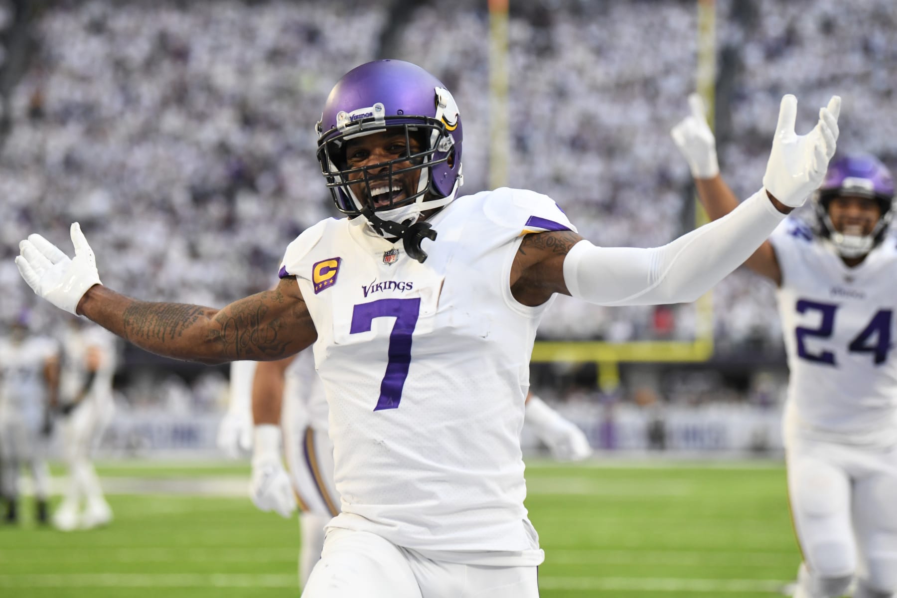 MINNEAPOLIS, MINNESOTA - DECEMBER 24: Patrick Peterson #7 of the Minnesota Vikings celebrates after an interception during the fourth quarter against the New York Giants at U.S. Bank Stadium on December 24, 2022 in Minneapolis, Minnesota. (Photo by Stephen Maturen/Getty Images)