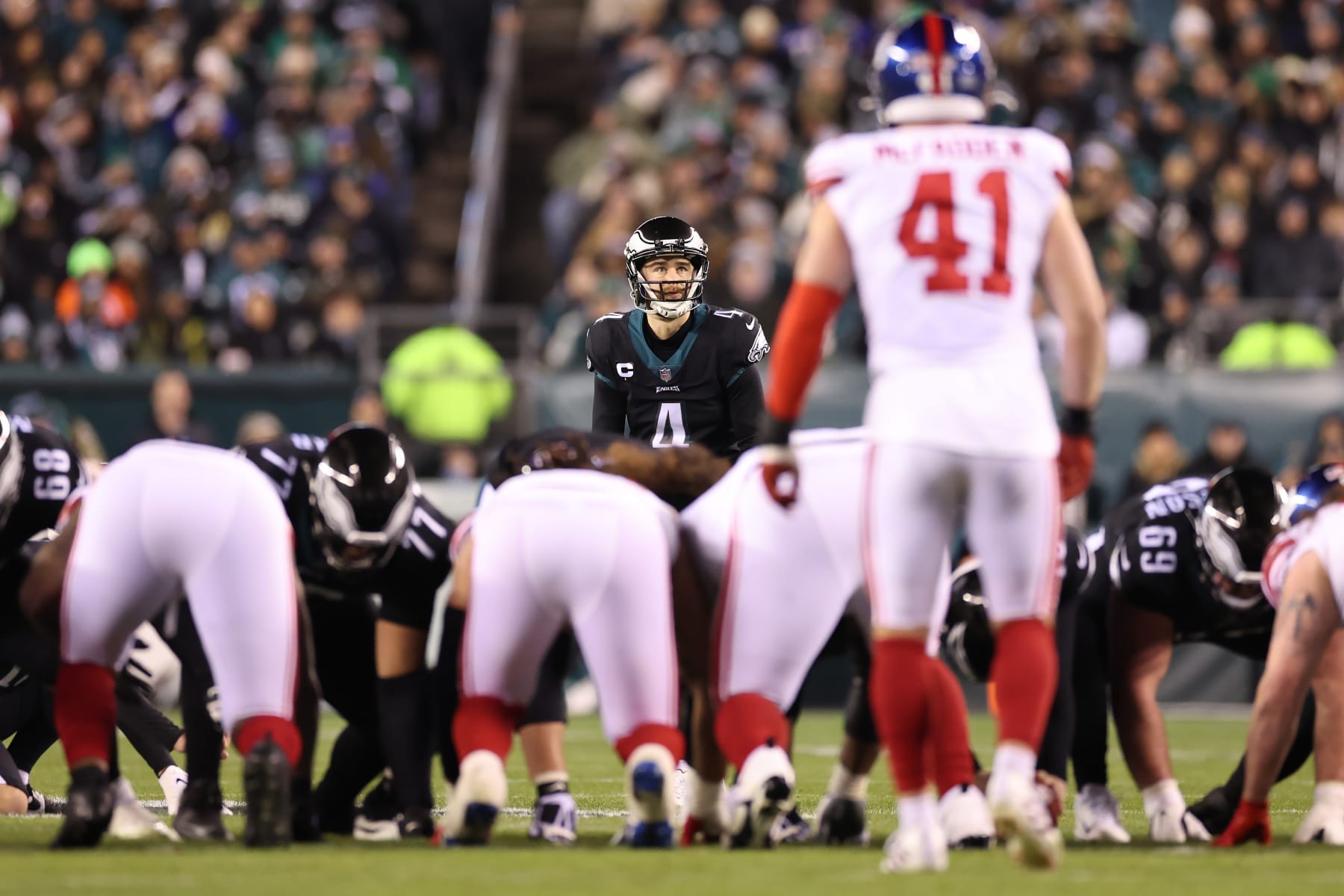 PHILADELPHIA, PENNSYLVANIA - JANUARY 08: Jake Elliott #4 of the Philadelphia Eagles lines up for a field goal during the third quarter against the New York Giants at Lincoln Financial Field on January 08, 2023 in Philadelphia, Pennsylvania. (Photo by Tim Nwachukwu/Getty Images)