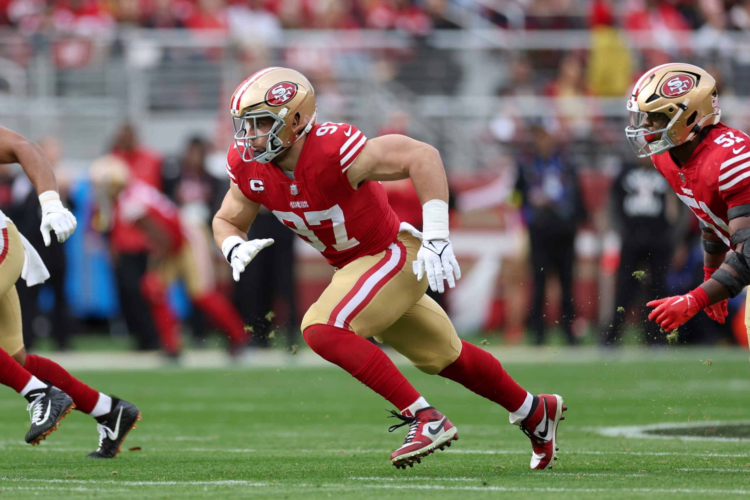 SANTA CLARA, CALIFORNIA - JANUARY 08: Nick Bosa #97 of the San Francisco 49ers in action against the Arizona Cardinals at Levi's Stadium on January 08, 2023 in Santa Clara, California. (Photo by Ezra Shaw/Getty Images)