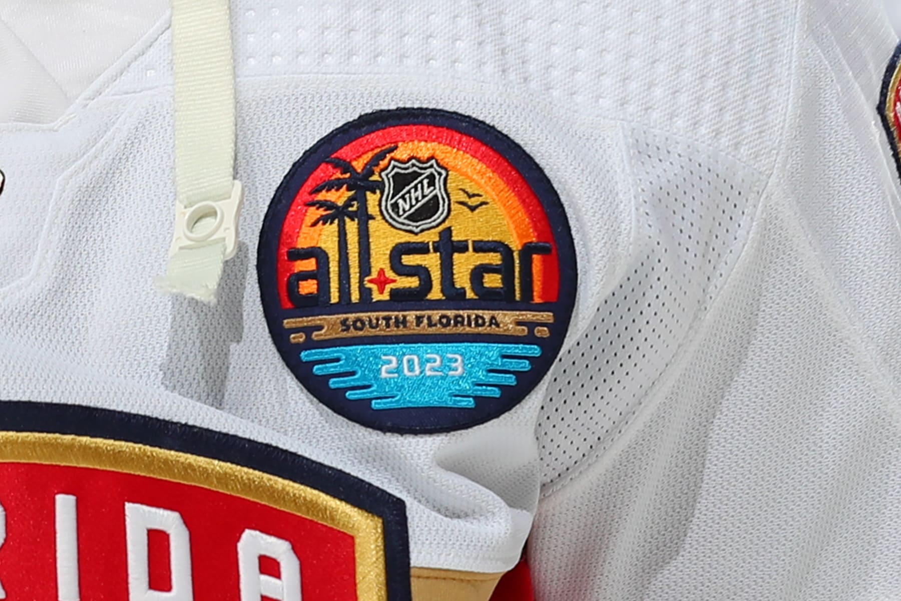 NEWARK, NJ - DECEMBER 17:  A general of the 2022 All Star game patch in South Florida during warms up prior to the game between the Florida Panthers and the New Jersey Devils on December 17, 2022 at the Prudential Center in Newark, New Jersey.  (Photo by Rich Graessle/NHLI via Getty Images)