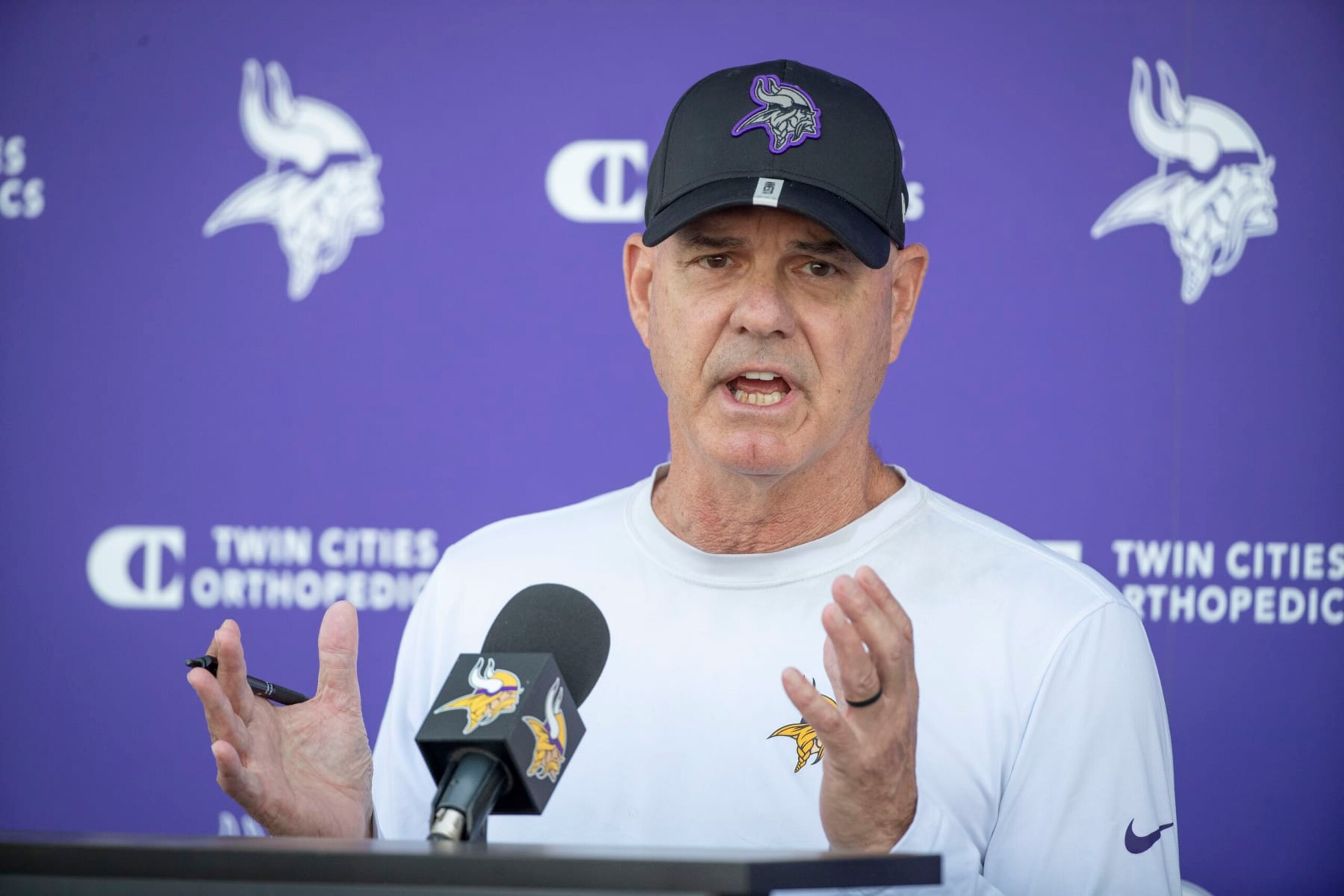 Minnesota Vikings defensive coordinator Ed Donatell speaks to the media before his team takes part in joint drills with the San Francisco 49ers at the Vikings NFL football team's practice facility in Eagan, Minn., Wednesday, Aug. 17, 2022. (AP Photo/Bruce Kluckhohn)