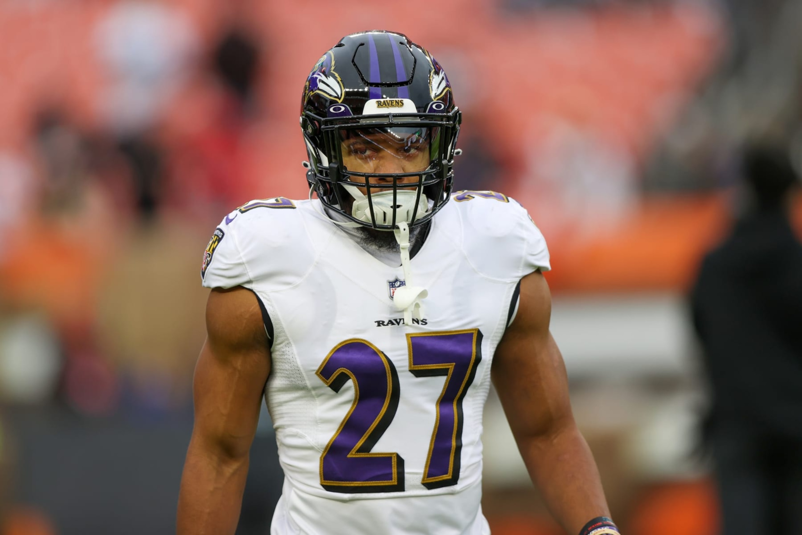 CLEVELAND, OH - DECEMBER 17: Baltimore Ravens running back J.K. Dobbins (27) on the field prior to the National Football League game between the Baltimore Ravens and Cleveland Browns on December 17, 2022, at FirstEnergy Stadium in Cleveland, OH.  (Photo by Frank Jansky/Icon Sportswire via Getty Images)