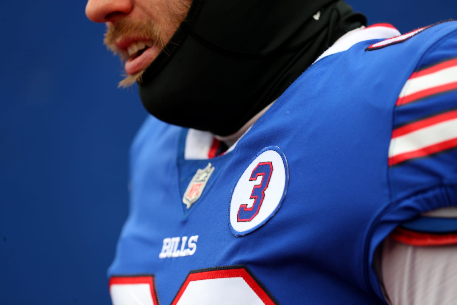 ORCHARD PARK, NEW YORK - JANUARY 08: Reid Ferguson #69 of the Buffalo Bills walks to the field while wearing a 3 patch honoring teammate Damar Hamlin #3 of the Buffalo Bills prior to a game against the New England Patriots at Highmark Stadium on January 08, 2023 in Orchard Park, New York. (Photo by Bryan Bennett/Getty Images)