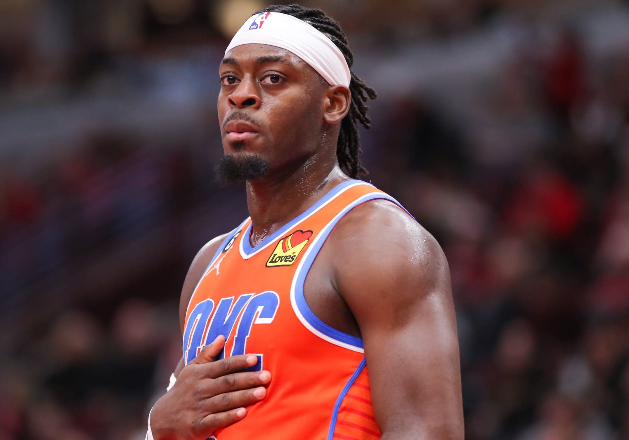 CHICAGO, IL - JANUARY 13: Oklahoma City Thunder Forward Luguentz Dort (5) looks on during a NBA game between the Oklahoma City Thunder and the Chicago Bulls on January 13, 2023 at the United Center in Chicago, IL. (Photo by Melissa Tamez/Icon Sportswire via Getty Images)