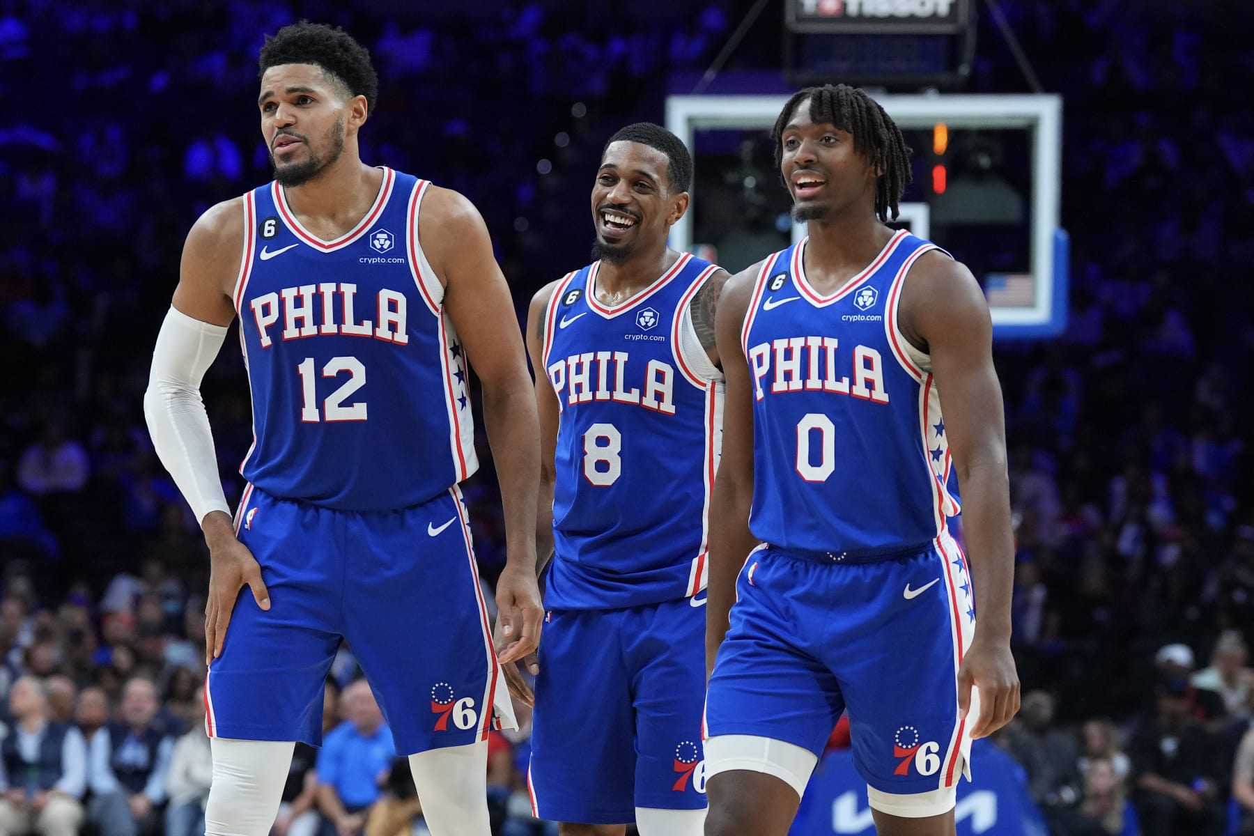 PHILADELPHIA, PA - NOVEMBER 07: Tobias Harris #12, De'Anthony Melton #8, and Tyrese Maxey #0 of the Philadelphia 76ers react against the Phoenix Suns in the second half at the Wells Fargo Center on November 7, 2022 in Philadelphia, Pennsylvania. The 76ers defeated the Suns 100-88. NOTE TO USER: User expressly acknowledges and agrees that, by downloading and or using this photograph, User is consenting to the terms and conditions of the Getty Images License Agreement. (Photo by Mitchell Leff/Getty Images)