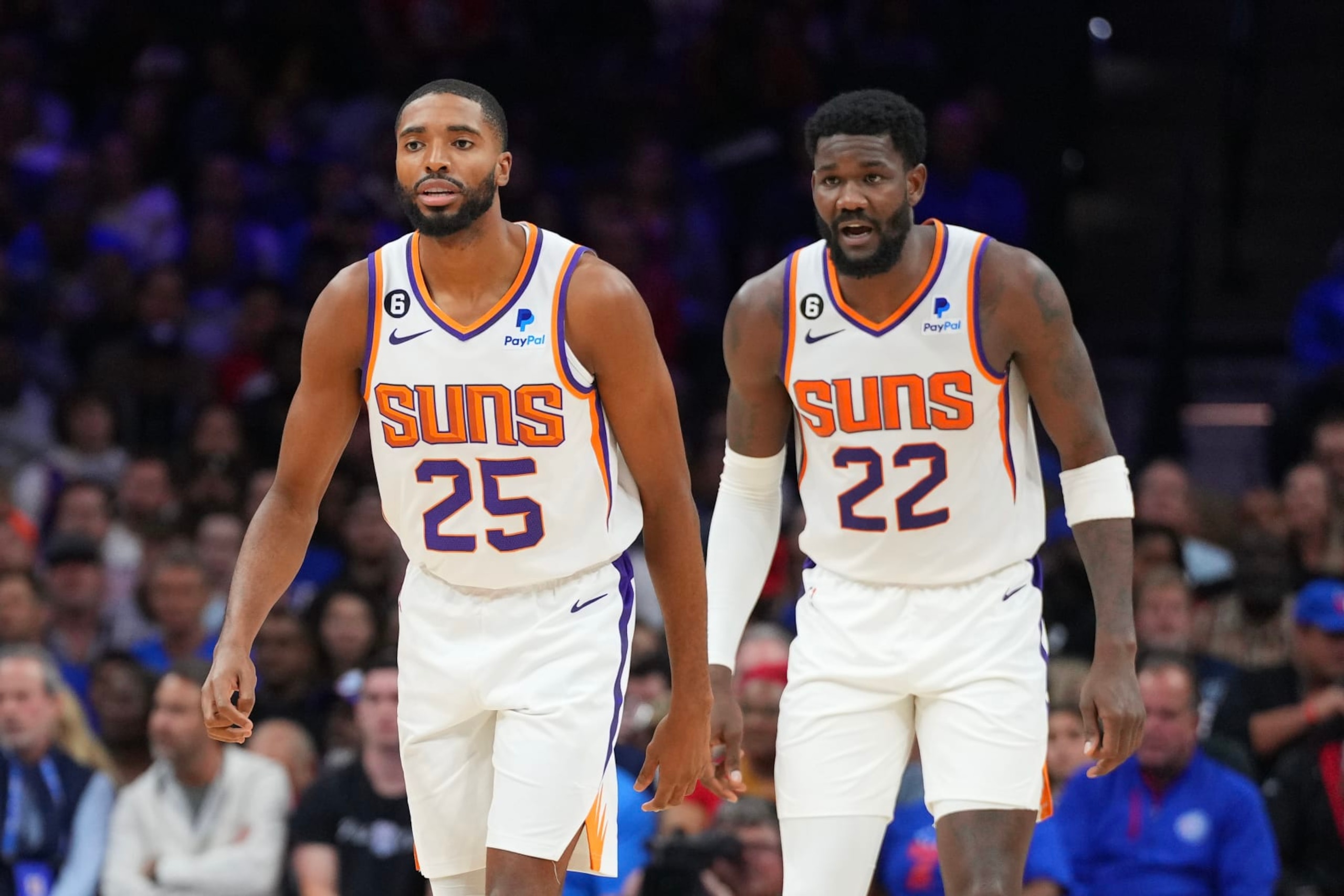 PHILADELPHIA, PA - NOVEMBER 07: Mikal Bridges #25 and Deandre Ayton #22 of the Phoenix Suns in action against the Philadelphia 76ers at the Wells Fargo Center on November 7, 2022 in Philadelphia, Pennsylvania. The 76ers defeated the Suns 100-88. NOTE TO USER: User expressly acknowledges and agrees that, by downloading and or using this photograph, User is consenting to the terms and conditions of the Getty Images License Agreement. (Photo by Mitchell Leff/Getty Images)