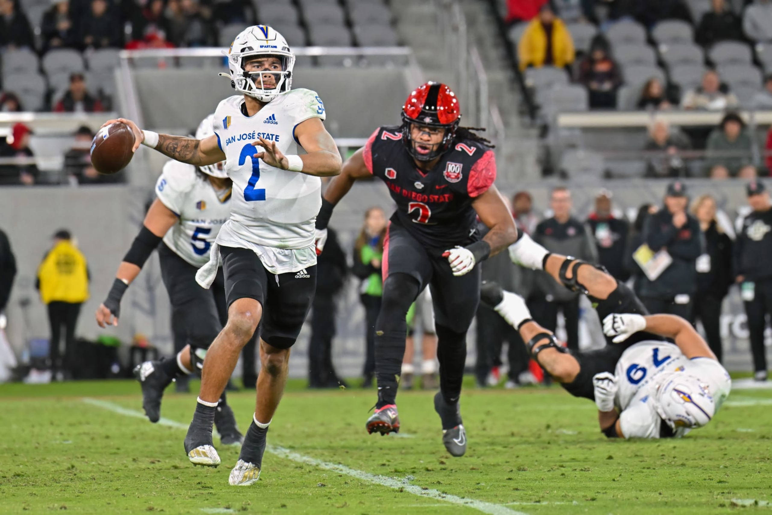 SAN DIEGO, CA - NOVEMBER 12:  San Jose State Spartans quarterback Chevan Cordeiro (2) passes during a game between the San Jose State Spartans and the San Diego State Aztecs on November 12, 2022, at Snapdragon Stadium in San Diego, CA.  (Photo by Justin Fine/Icon Sportswire via Getty Images)