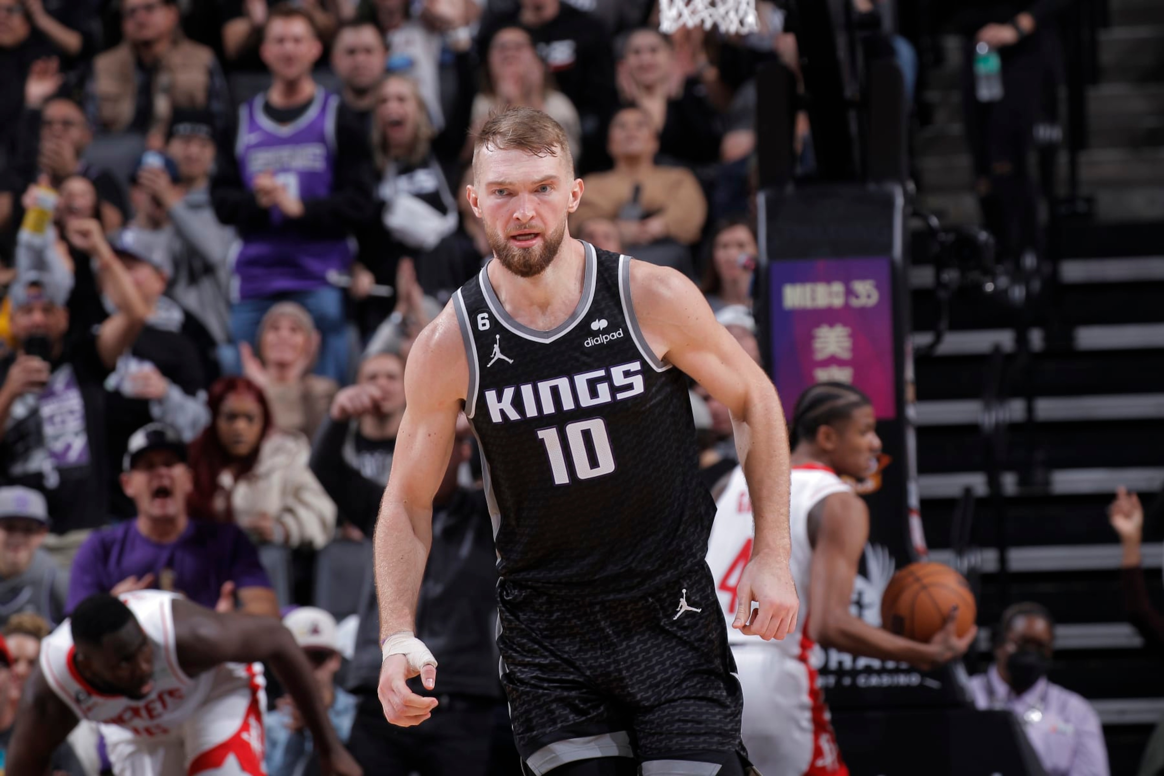 SACRAMENTO, CA - JANUARY 13: Domantas Sabonis #10 of the Sacramento Kings celebrates during the game against the Houston Rockets on January 13, 2023 at Golden 1 Center in Sacramento, California. NOTE TO USER: User expressly acknowledges and agrees that, by downloading and or using this photograph, User is consenting to the terms and conditions of the Getty Images Agreement. Mandatory Copyright Notice: Copyright 2023 NBAE (Photo by Rocky Widner/NBAE via Getty Images) SACRAMENTO, CA - JANUARY 13: Domantas Sabonis #10 of the Sacramento Kings celebrates during the game against the Houston Rockets on January 13, 2023 at Golden 1 Center in Sacramento, California. NOTE TO USER: User expressly acknowledges and agrees that, by downloading and or using this photograph, User is consenting to the terms and conditions of the Getty Images Agreement. Mandatory Copyright Notice: Copyright 2023 NBAE (Photo by Rocky Widner/NBAE via Getty Images)
