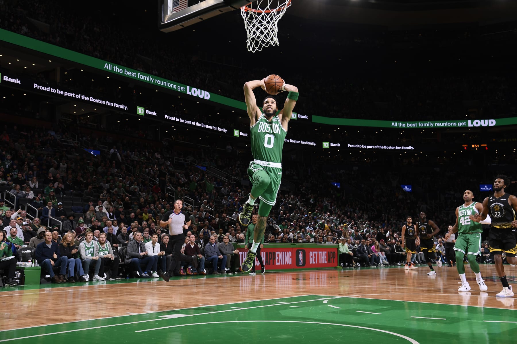 BOSTON, MA - JANUARY 19: Jayson Tatum #0 of the Boston Celtics shoots the ball during the game against the Golden State Warriors on January 19, 2023 at the TD Garden in Boston, Massachusetts. NOTE TO USER: User expressly acknowledges and agrees that, by downloading and or using this photograph, User is consenting to the terms and conditions of the Getty Images License Agreement. Mandatory Copyright Notice: Copyright 2023 NBAE  (Photo by Brian Babineau/NBAE via Getty Images)