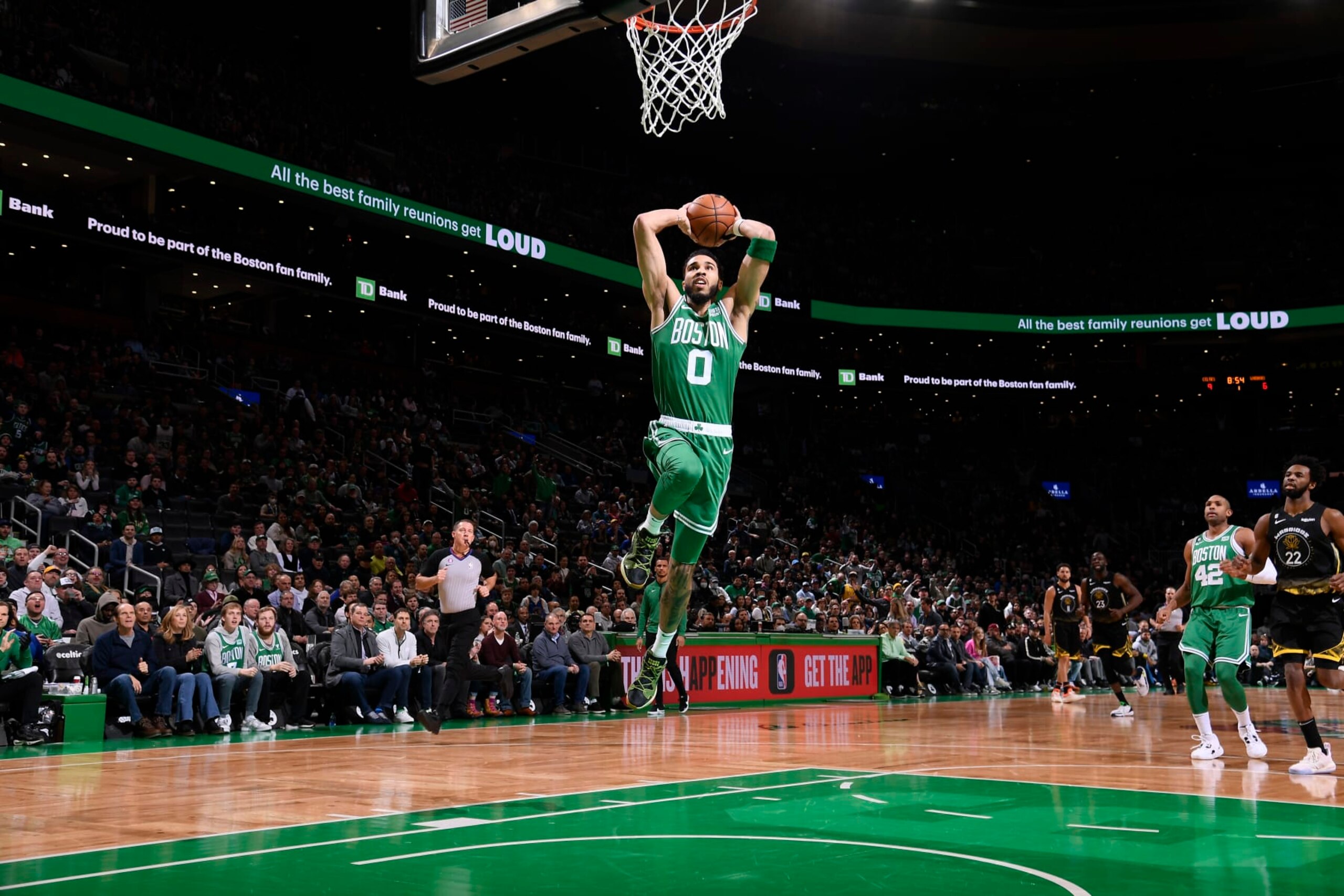 BOSTON, MA - JANUARY 19: Jayson Tatum #0 of the Boston Celtics shoots the ball during the game against the Golden State Warriors on January 19, 2023 at the TD Garden in Boston, Massachusetts. NOTE TO USER: User expressly acknowledges and agrees that, by downloading and or using this photograph, User is consenting to the terms and conditions of the Getty Images License Agreement. Mandatory Copyright Notice: Copyright 2023 NBAE  (Photo by Brian Babineau/NBAE via Getty Images)