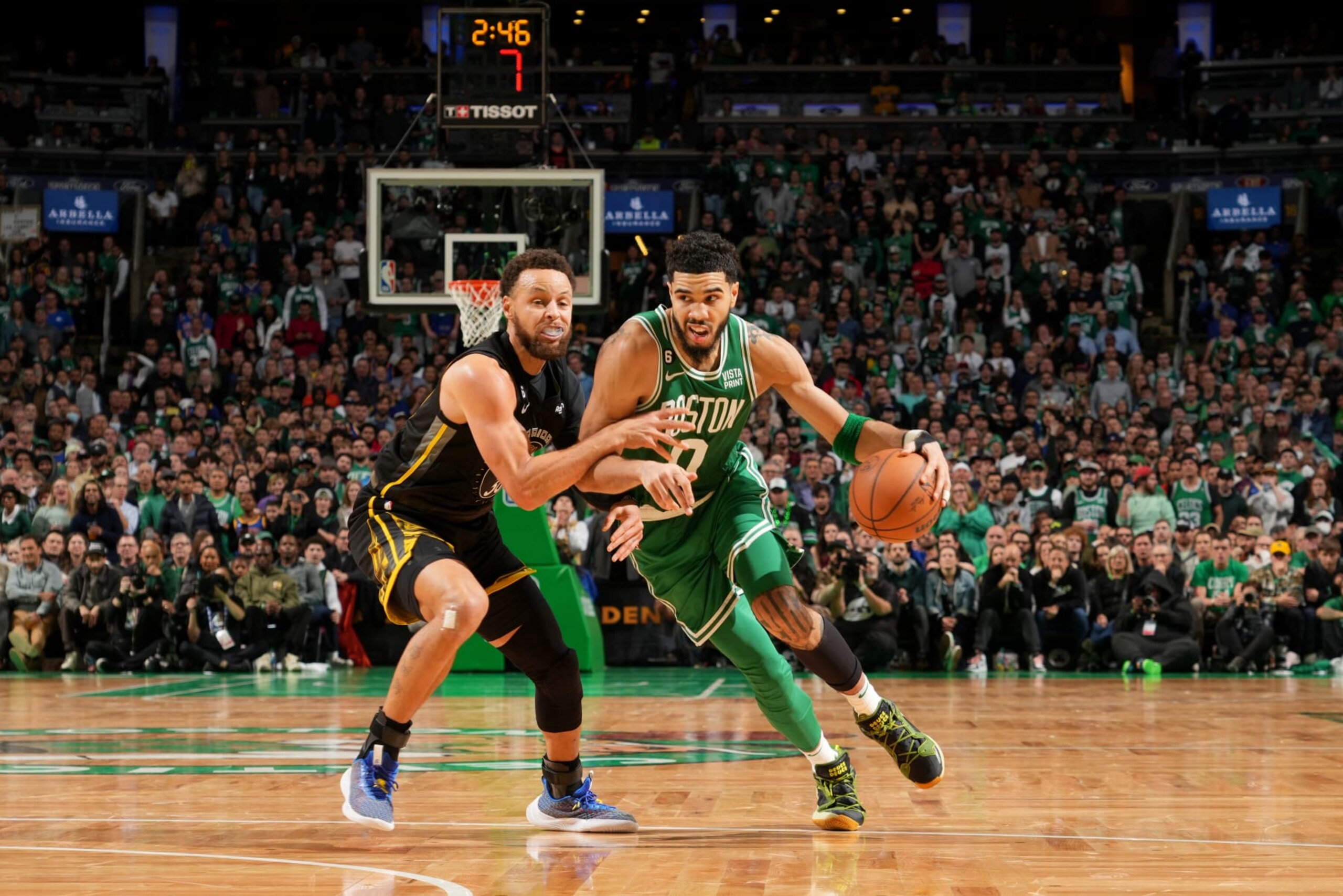 BOSTON, MA - JANUARY 19: Jayson Tatum #0 of the Boston Celtics dribbles the ball during the game against the Golden State Warriors on January 19, 2023 at the TD Garden in Boston, Massachusetts. NOTE TO USER: User expressly acknowledges and agrees that, by downloading and or using this photograph, User is consenting to the terms and conditions of the Getty Images License Agreement. Mandatory Copyright Notice: Copyright 2023 NBAE  (Photo by Jesse D. Garrabrant/NBAE via Getty Images)
