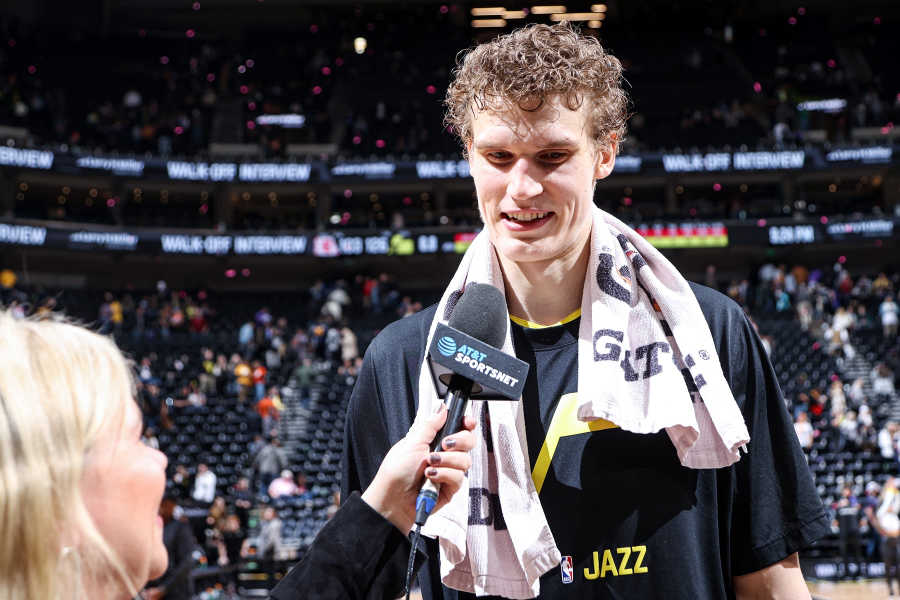 SALT LAKE CITY, UT - JANUARY 18: Lauri Markkanen #23 of the Utah Jazz talks to the media after the game against the LA Clippers on January 18, 2023 at vivint.SmartHome Arena in Salt Lake City, Utah. NOTE TO USER: User expressly acknowledges and agrees that, by downloading and or using this Photograph, User is consenting to the terms and conditions of the Getty Images License Agreement. Mandatory Copyright Notice: Copyright 2023 NBAE (Photo by Melissa Majchrzak/NBAE via Getty Images)
