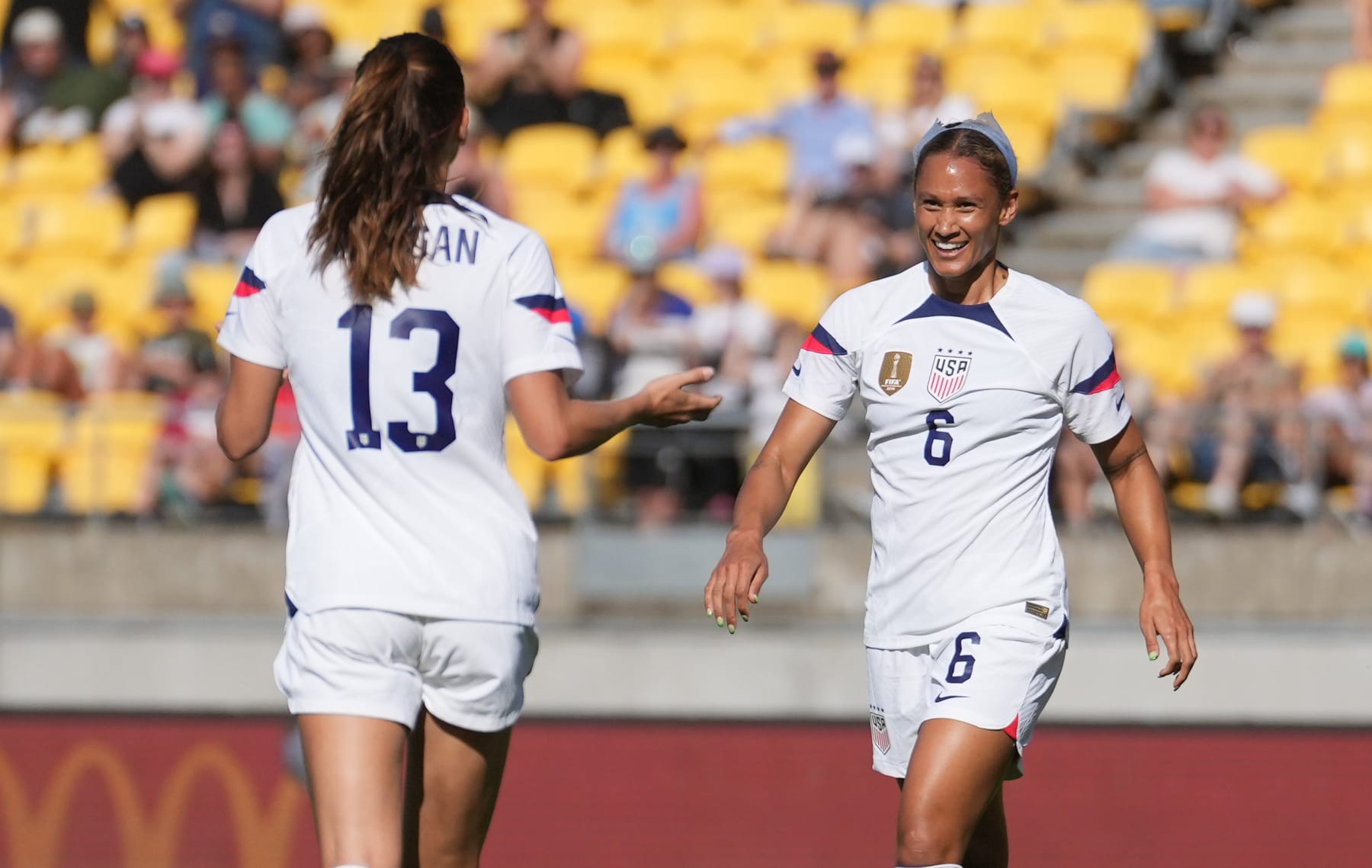 WELLINGTON, NEW ZEALAND - JANUARY 17: Lynn Williams #6 of the United States celebrates her goal with her Alex Morgan #13 during a game between New Zealand and USWNT at Sky Stadium on January 17, 2023 in Wellington, New Zealand. (Photo by Brad Smith/ISI Photos/Getty Images) WELLINGTON, NEW ZEALAND - JANUARY 17: Lynn Williams #6 of the United States celebrates her goal with her Alex Morgan #13 during a game between New Zealand and USWNT at Sky Stadium on January 17, 2023 in Wellington, New Zealand. (Photo by Brad Smith/ISI Photos/Getty Images)