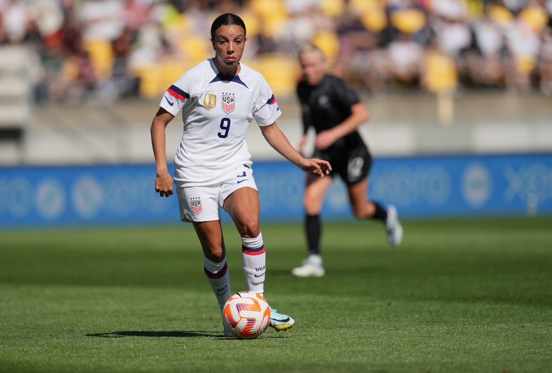 WELLINGTON, NEW ZEALAND - JANUARY 17: Mallory Swanson #9 of the United States dribbles with the ball during a game between New Zealand and USWNT at Sky Stadium on January 17, 2023 in Wellington, New Zealand. (Photo by Brad Smith/ISI Photos/Getty Images) WELLINGTON, NEW ZEALAND - JANUARY 17: Mallory Swanson #9 of the United States dribbles with the ball during a game between New Zealand and USWNT at Sky Stadium on January 17, 2023 in Wellington, New Zealand. (Photo by Brad Smith/ISI Photos/Getty Images)