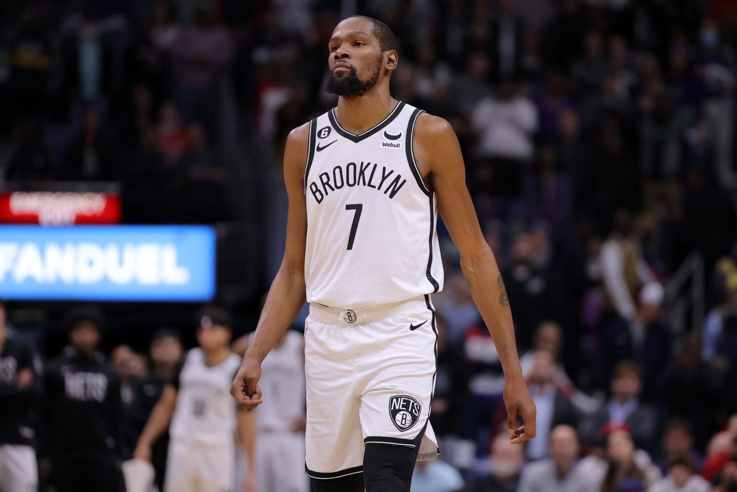 NEW ORLEANS, LOUISIANA - JANUARY 06: Kevin Durant #7 of the Brooklyn Nets reacts against the New Orleans Pelicans during a game at the Smoothie King Center on January 06, 2023 in New Orleans, Louisiana. NOTE TO USER: User expressly acknowledges and agrees that, by downloading and or using this Photograph, user is consenting to the terms and conditions of the Getty Images License Agreement. (Photo by Jonathan Bachman/Getty Images)