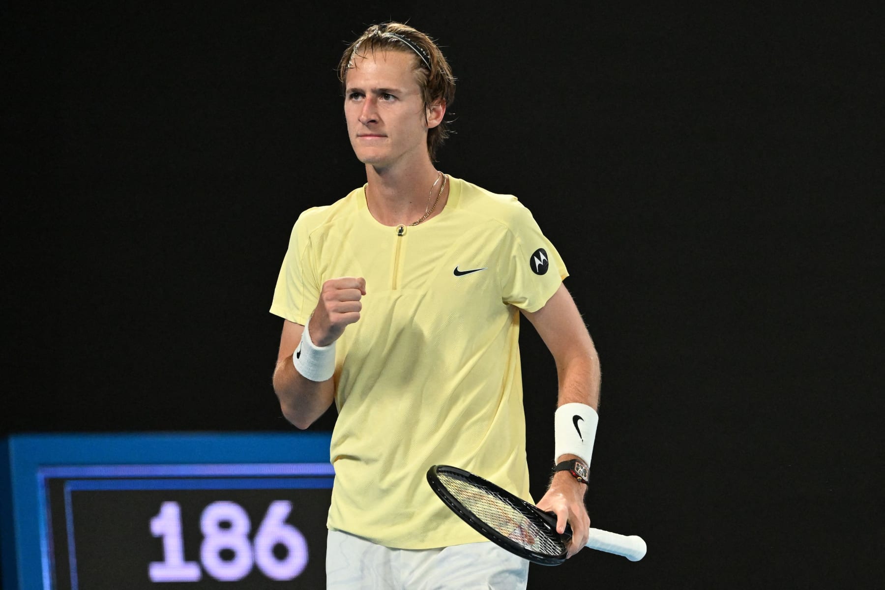 Sebastian Korda of the US reacts after a point against Russia's Daniil Medvedev during their men's singles match on day five of the Australian Open tennis tournament in Melbourne on January 20, 2023. - -- IMAGE RESTRICTED TO EDITORIAL USE - STRICTLY NO COMMERCIAL USE -- (Photo by Paul CROCK / AFP) / -- IMAGE RESTRICTED TO EDITORIAL USE - STRICTLY NO COMMERCIAL USE -- (Photo by PAUL CROCK/AFP via Getty Images)