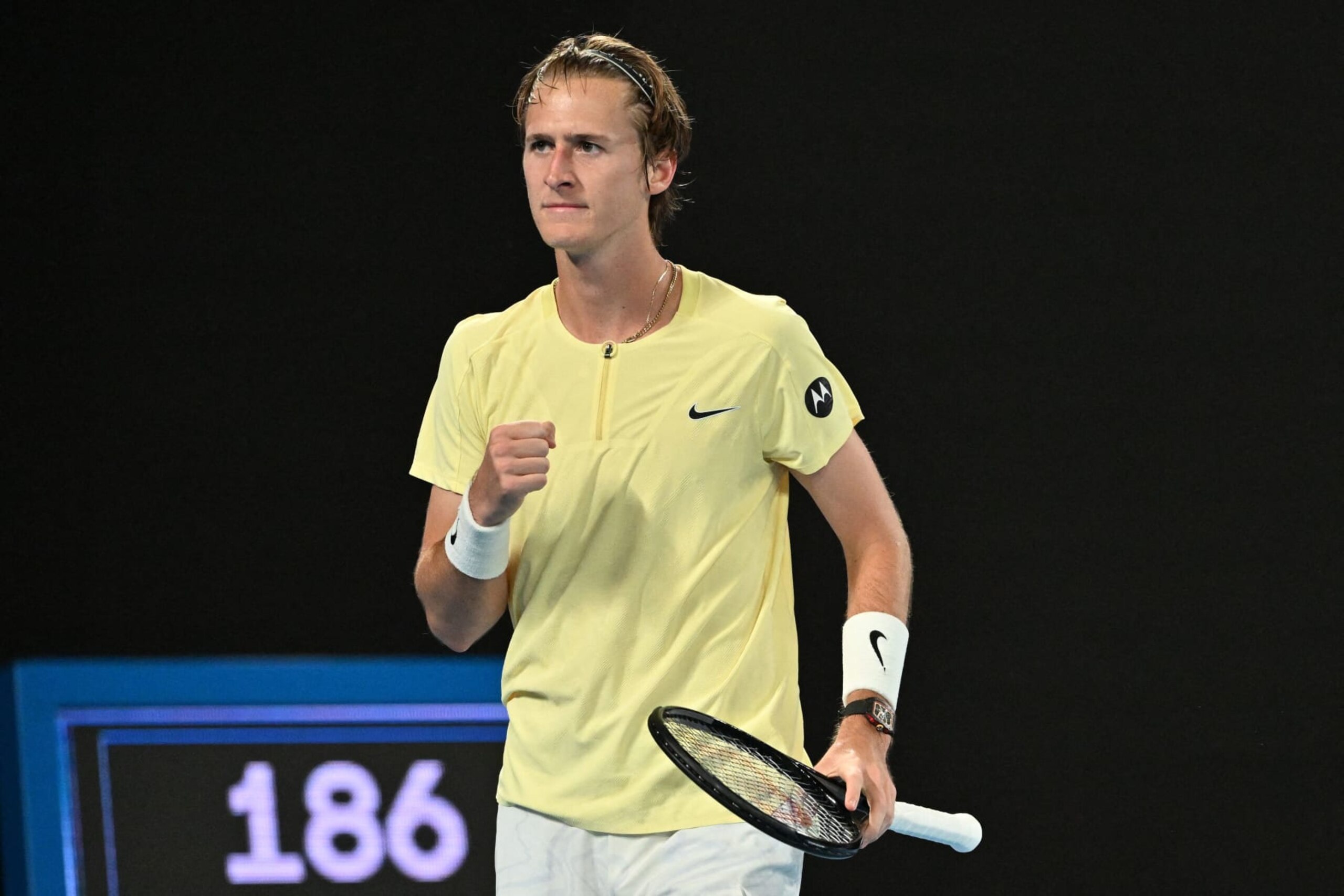 Sebastian Korda of the US reacts after a point against Russia's Daniil Medvedev during their men's singles match on day five of the Australian Open tennis tournament in Melbourne on January 20, 2023. - -- IMAGE RESTRICTED TO EDITORIAL USE - STRICTLY NO COMMERCIAL USE -- (Photo by Paul CROCK / AFP) / -- IMAGE RESTRICTED TO EDITORIAL USE - STRICTLY NO COMMERCIAL USE -- (Photo by PAUL CROCK/AFP via Getty Images) Sebastian Korda of the US reacts after a point against Russia's Daniil Medvedev during their men's singles match on day five of the Australian Open tennis tournament in Melbourne on January 20, 2023. - -- IMAGE RESTRICTED TO EDITORIAL USE - STRICTLY NO COMMERCIAL USE -- (Photo by Paul CROCK / AFP) / -- IMAGE RESTRICTED TO EDITORIAL USE - STRICTLY NO COMMERCIAL USE -- (Photo by PAUL CROCK/AFP via Getty Images)