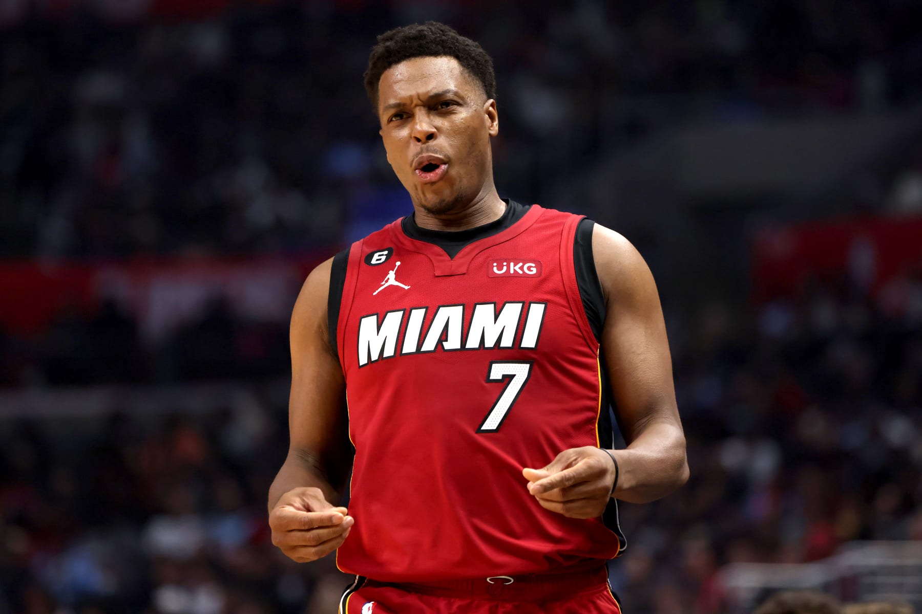 LOS ANGELES, CALIFORNIA - JANUARY 02: Kyle Lowry #7 of the Miami Heat reacts to a play during the second quarter against the Los Angeles Clippers at Crypto.com Arena on January 02, 2023 in Los Angeles, California. NOTE TO USER: User expressly acknowledges and agrees that, by downloading and or using this photograph, User is consenting to the terms and conditions of the Getty Images License Agreement. (Photo by Katelyn Mulcahy/Getty Images)