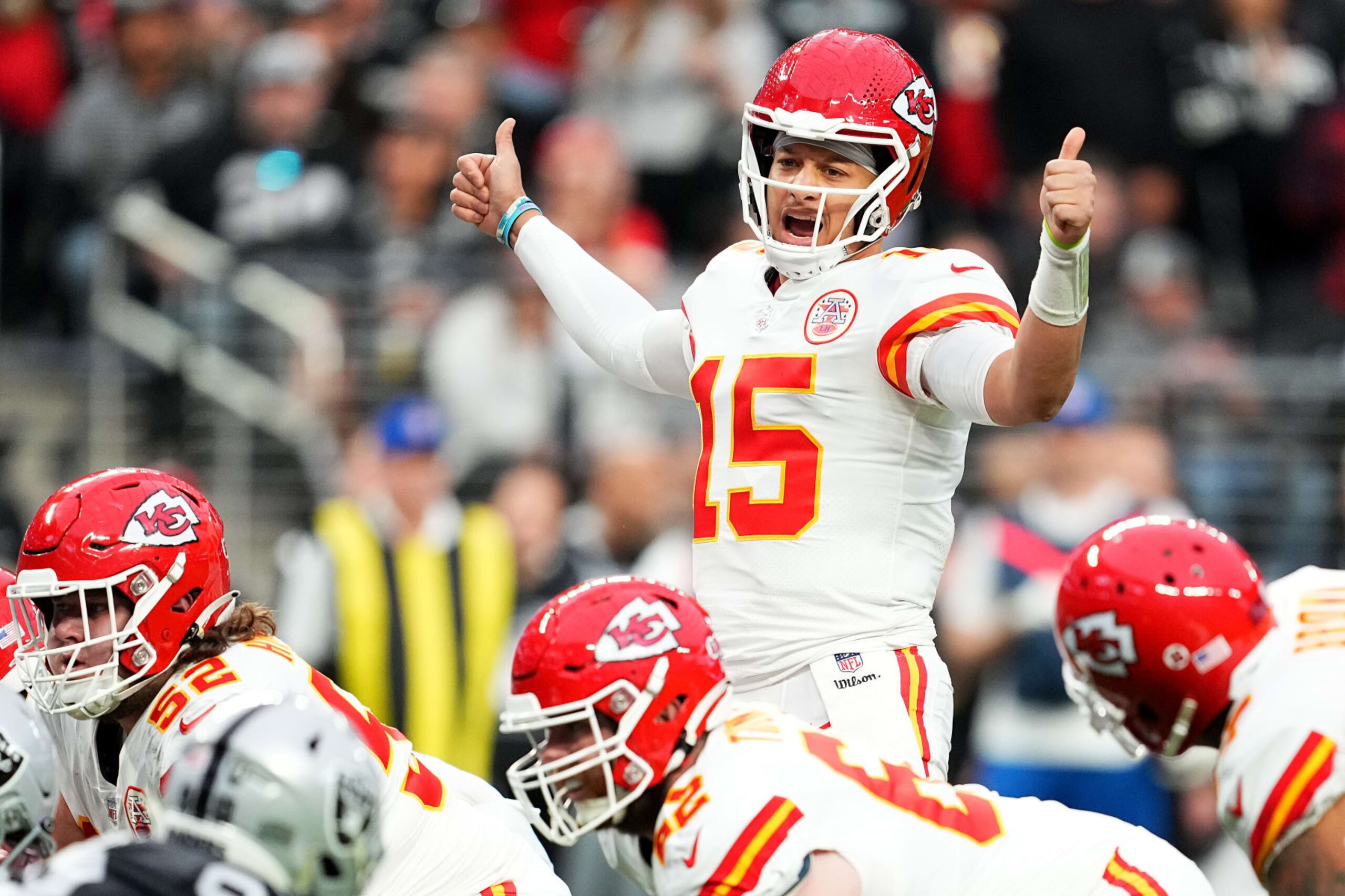 LAS VEGAS, NEVADA - JANUARY 07: Patrick Mahomes #15 of the Kansas City Chiefs signals at the line of scrimmage against the Las Vegas Raiders during the first half of the game at Allegiant Stadium on January 07, 2023 in Las Vegas, Nevada. (Photo by Chris Unger/Getty Images)