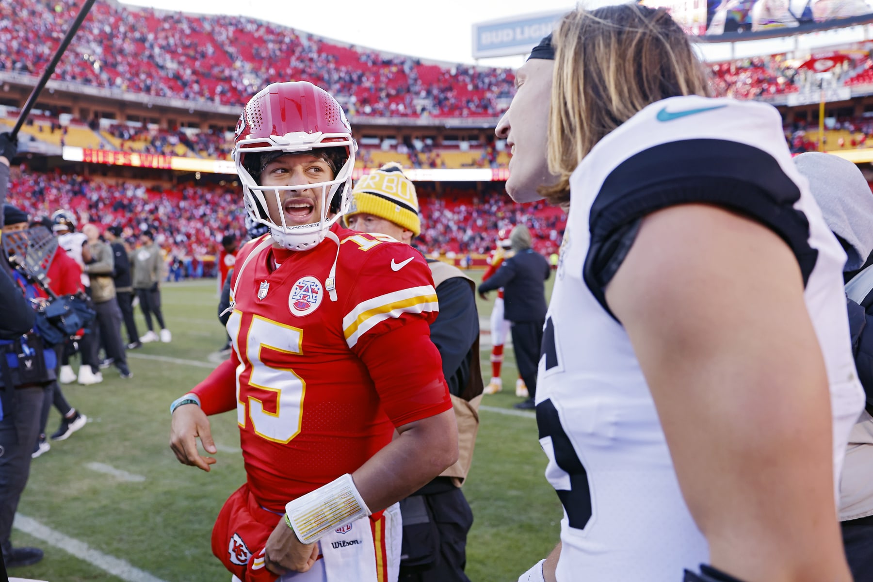 KANSAS CITY, MISSOURI - NOVEMBER 13: Patrick Mahomes #15 of the Kansas City Chiefs talks to Trevor Lawrence #16 of the Jacksonville Jaguars after the Chiefs defeated the Jaguars 27-17 at Arrowhead Stadium on November 13, 2022 in Kansas City, Missouri. (Photo by David Eulitt/Getty Images)