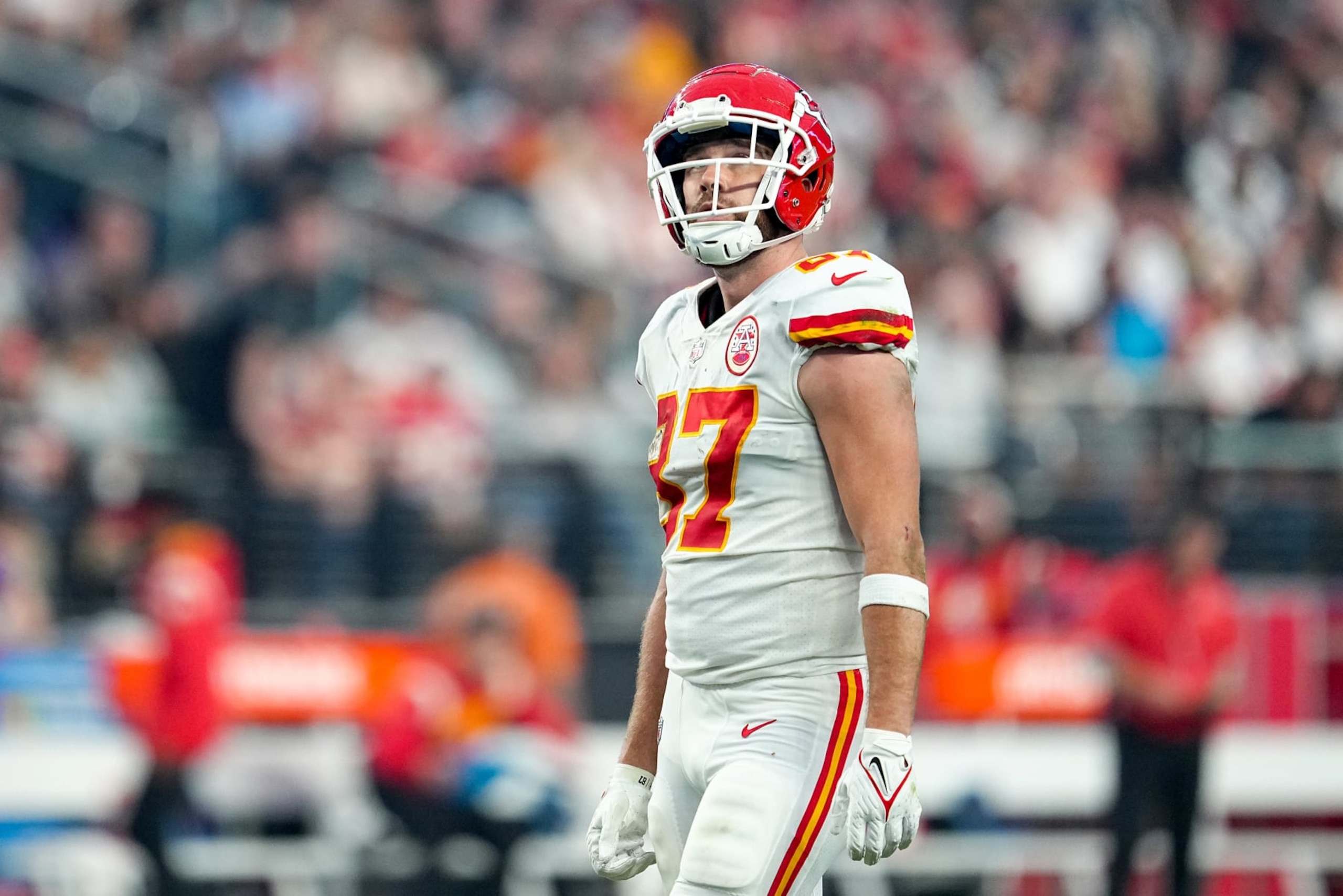 LAS VEGAS, NEVADA - JANUARY 07: Travis Kelce #87 of the Kansas City Chiefs looks on against the Las Vegas Raiders during the second half of the game at Allegiant Stadium on January 07, 2023 in Las Vegas, Nevada. (Photo by Jeff Bottari/Getty Images) LAS VEGAS, NEVADA - JANUARY 07: Travis Kelce #87 of the Kansas City Chiefs looks on against the Las Vegas Raiders during the second half of the game at Allegiant Stadium on January 07, 2023 in Las Vegas, Nevada. (Photo by Jeff Bottari/Getty Images)