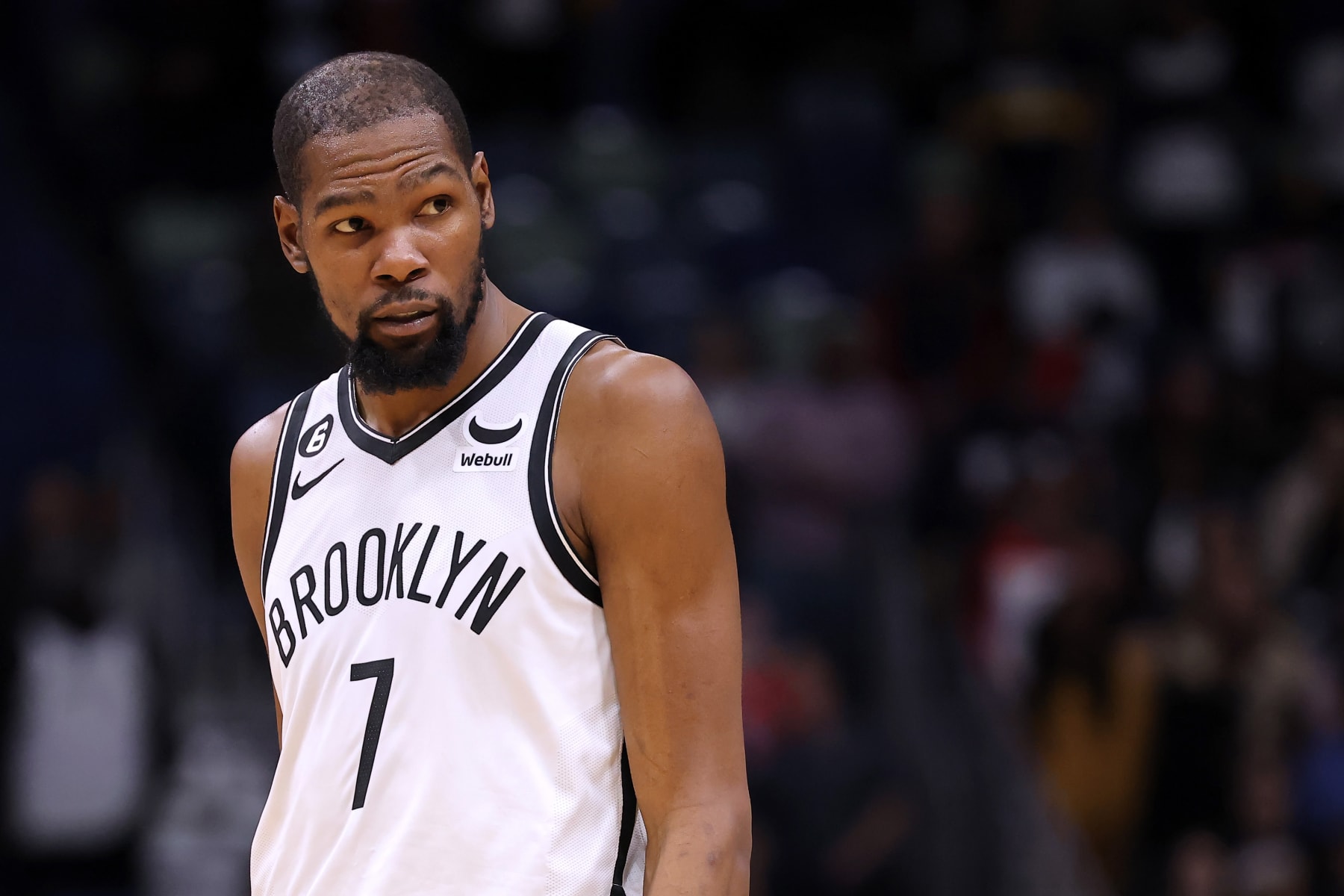 NEW ORLEANS, LOUISIANA - JANUARY 06: Kevin Durant #7 of the Brooklyn Nets reacts against the New Orleans Pelicans during a game at the Smoothie King Center on January 06, 2023 in New Orleans, Louisiana. NOTE TO USER: User expressly acknowledges and agrees that, by downloading and or using this Photograph, user is consenting to the terms and conditions of the Getty Images License Agreement. (Photo by Jonathan Bachman/Getty Images)