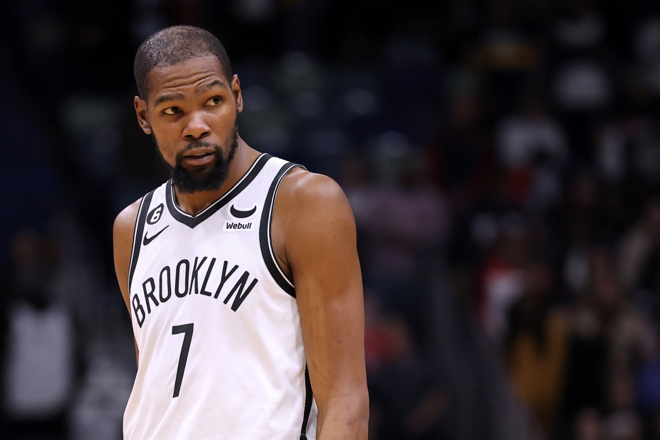 NEW ORLEANS, LOUISIANA - JANUARY 06: Kevin Durant #7 of the Brooklyn Nets reacts against the New Orleans Pelicans during a game at the Smoothie King Center on January 06, 2023 in New Orleans, Louisiana. NOTE TO USER: User expressly acknowledges and agrees that, by downloading and or using this Photograph, user is consenting to the terms and conditions of the Getty Images License Agreement. (Photo by Jonathan Bachman/Getty Images)