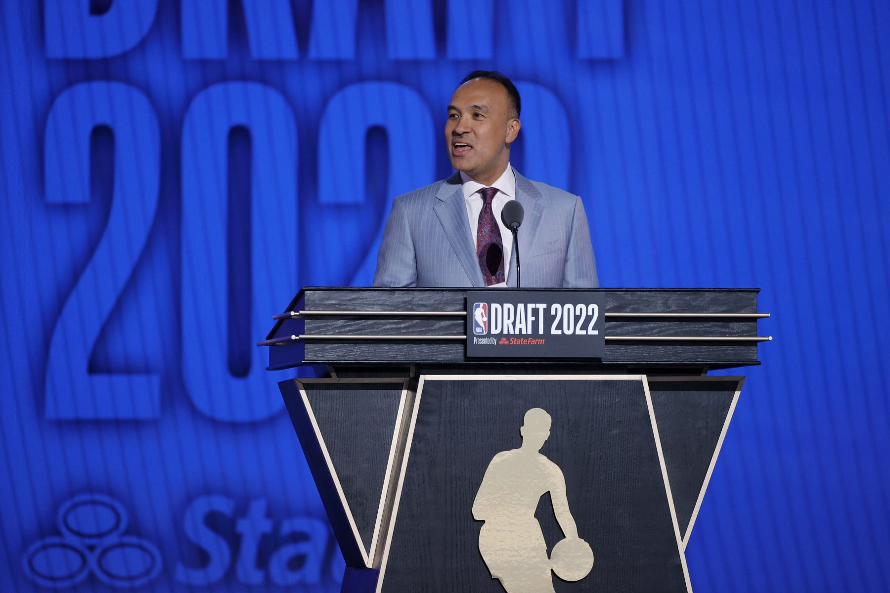 NEW YORK, NEW YORK - JUNE 23: Deputy commissioner Mark Tatum speaks during the 2022 NBA Draft at Barclays Center on June 23, 2022 in New York City. NOTE TO USER: User expressly acknowledges and agrees that, by downloading and or using this photograph, User is consenting to the terms and conditions of the Getty Images License Agreement. (Photo by Sarah Stier/Getty Images)