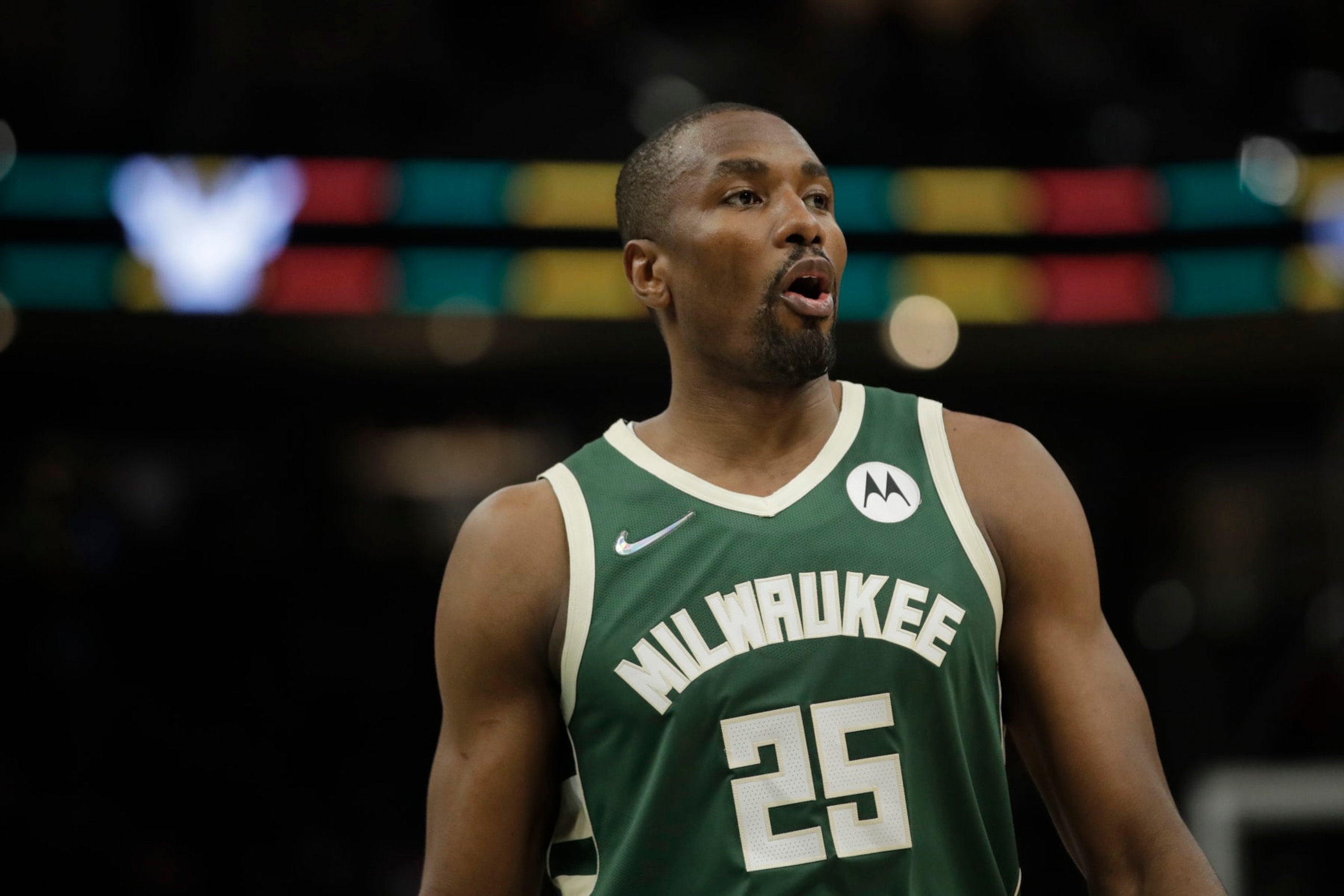 Milwaukee Bucks' Serge Ibaka during the second half of an NBA basketball game against the Portland Trail Blazers Monday, Feb. 14, 2022, in Milwaukee. (AP Photo/Aaron Gash)