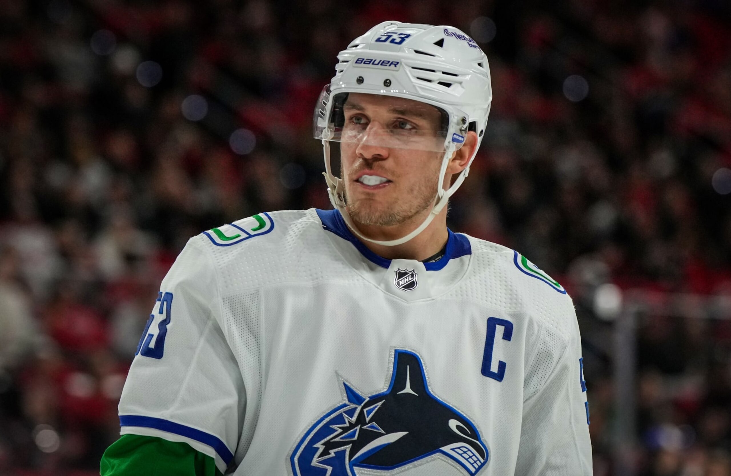 RALEIGH, NORTH CAROLINA - JANUARY 15: Bo Horvat #53 of the Vancouver Canucks skates during the second period against the Carolina Hurricanes at PNC Arena on January 15, 2023 in Raleigh, North Carolina. (Photo by Josh Lavallee/NHLI via Getty Images) RALEIGH, NORTH CAROLINA - JANUARY 15: Bo Horvat #53 of the Vancouver Canucks skates during the second period against the Carolina Hurricanes at PNC Arena on January 15, 2023 in Raleigh, North Carolina. (Photo by Josh Lavallee/NHLI via Getty Images)