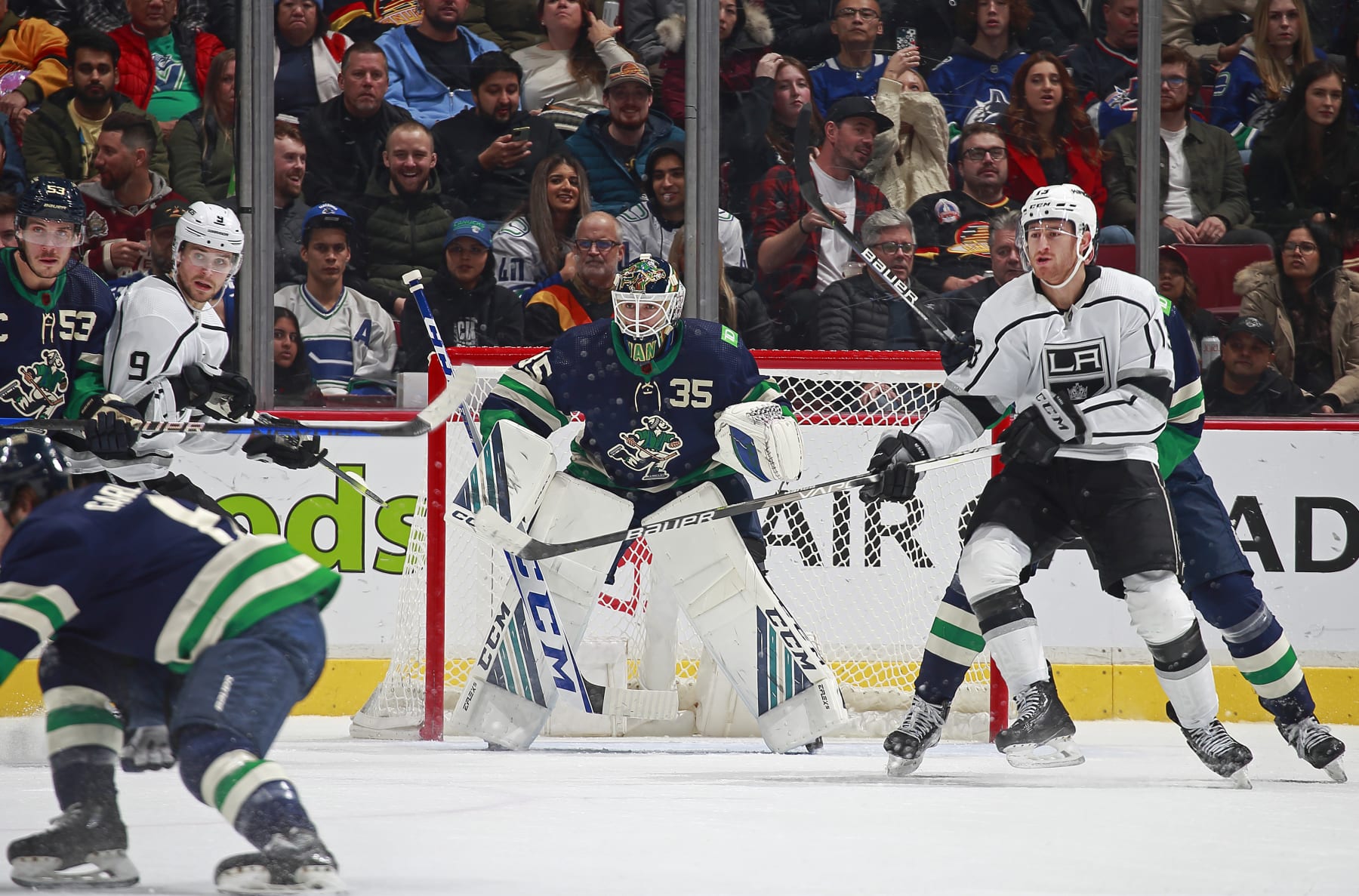 VANCOUVER, CANADA - NOVEMBER 18: Thatcher Demko #35 of the Vancouver Canucks looks on from his crease during their NHL game against the Los Angeles Kings at Rogers Arena November 18, 2022 in Vancouver, British Columbia, Canada.  (Photo by Jeff Vinnick/NHLI via Getty Images)