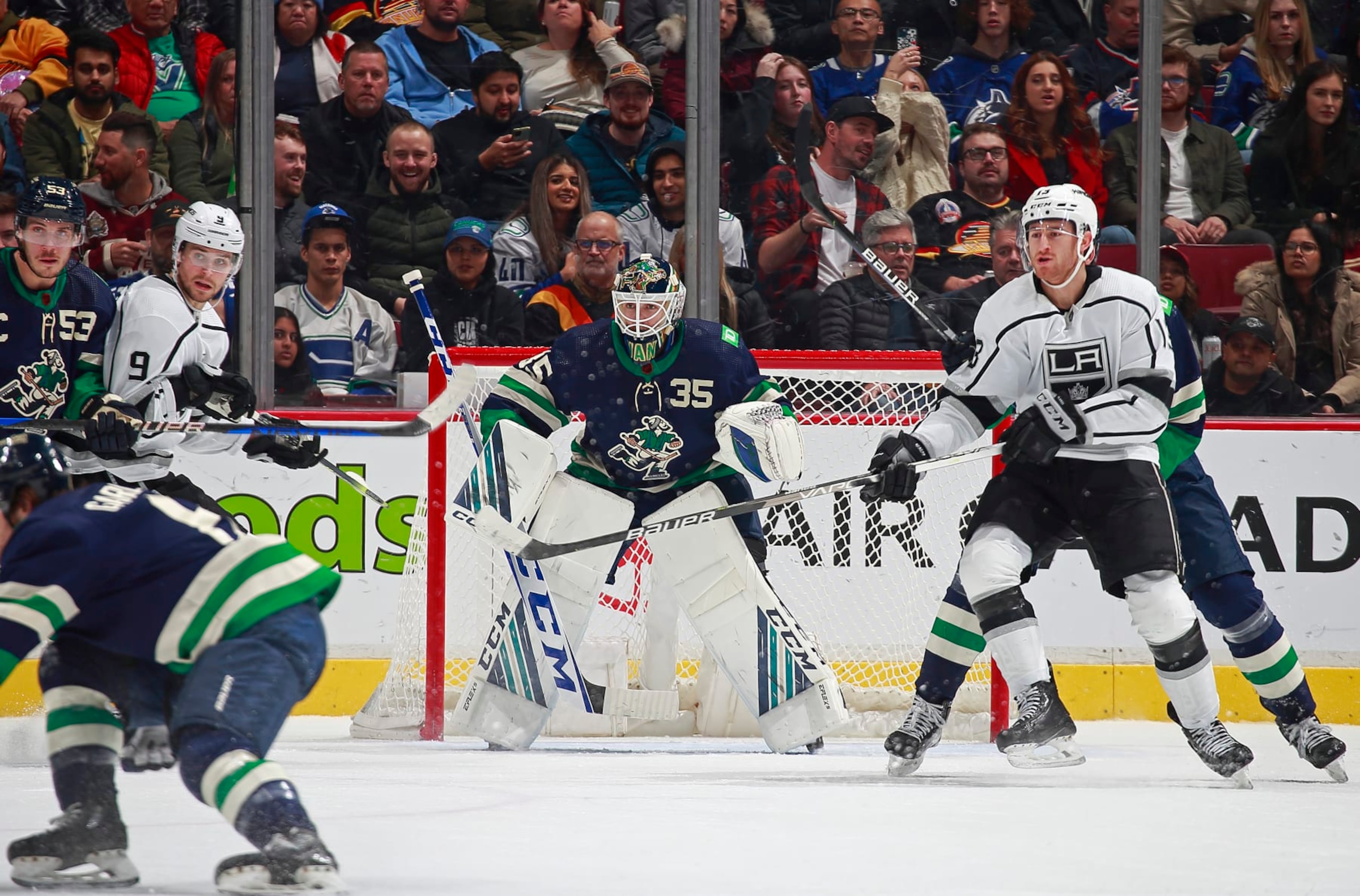 VANCOUVER, CANADA - NOVEMBER 18: Thatcher Demko #35 of the Vancouver Canucks looks on from his crease during their NHL game against the Los Angeles Kings at Rogers Arena November 18, 2022 in Vancouver, British Columbia, Canada.  (Photo by Jeff Vinnick/NHLI via Getty Images)