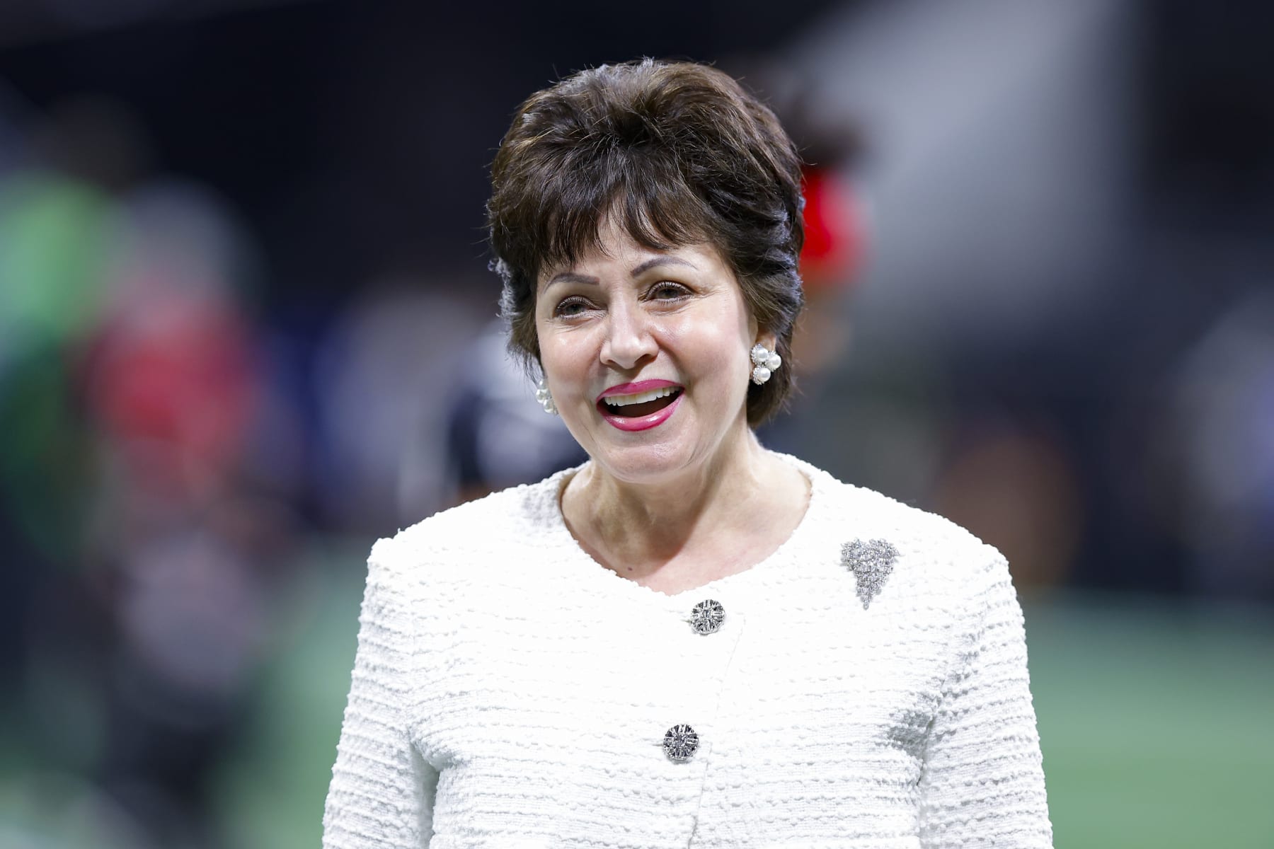 ATLANTA, GA - SEPTEMBER 11: New Orleans Saints owner, Gayle Benson comes onto the field prior to the game against the Atlanta Falcons at Mercedes-Benz Stadium on September 11, 2022 in Atlanta, Georgia. (Photo by Todd Kirkland/Getty Images)