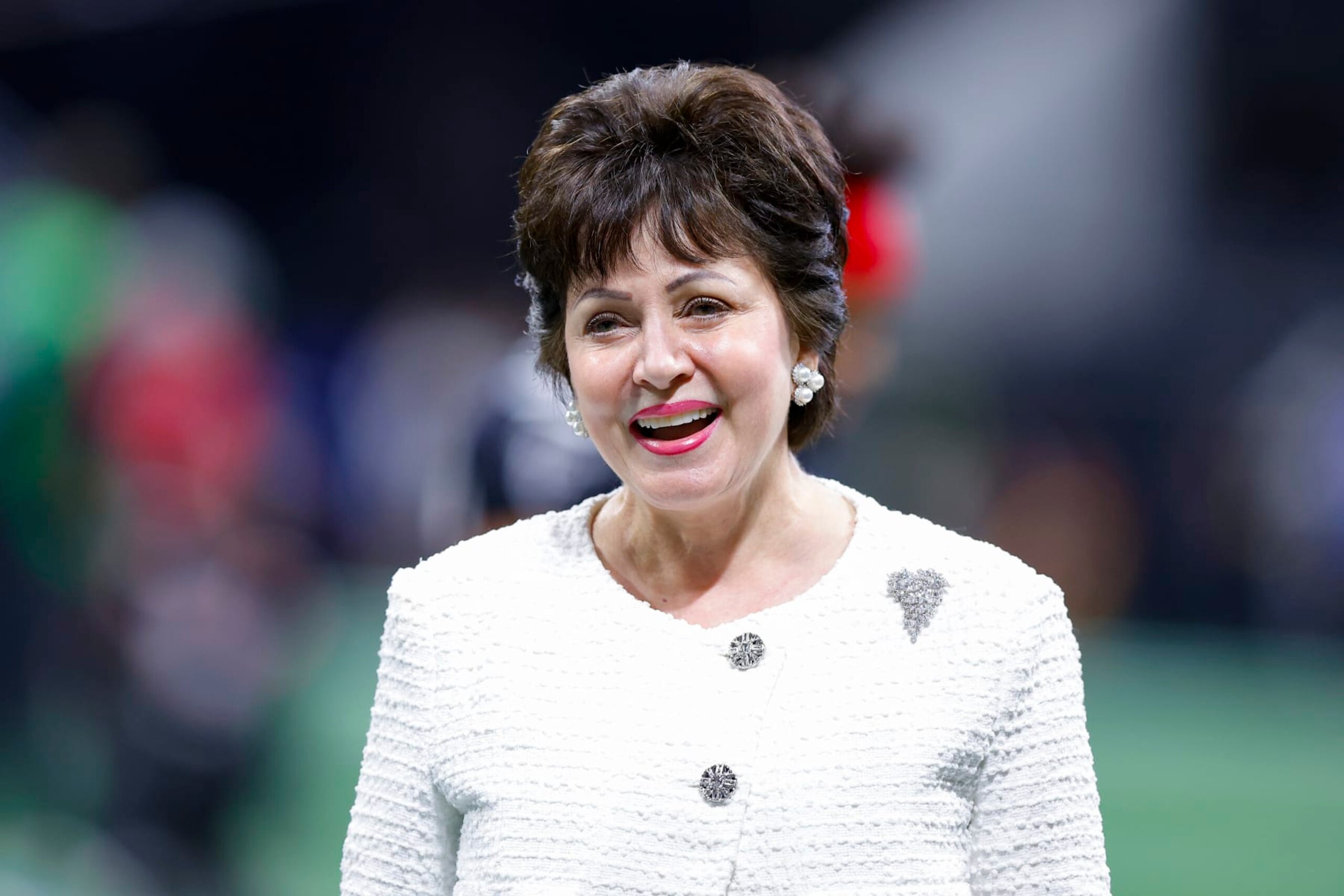 ATLANTA, GA - SEPTEMBER 11: New Orleans Saints owner, Gayle Benson comes onto the field prior to the game against the Atlanta Falcons at Mercedes-Benz Stadium on September 11, 2022 in Atlanta, Georgia. (Photo by Todd Kirkland/Getty Images)