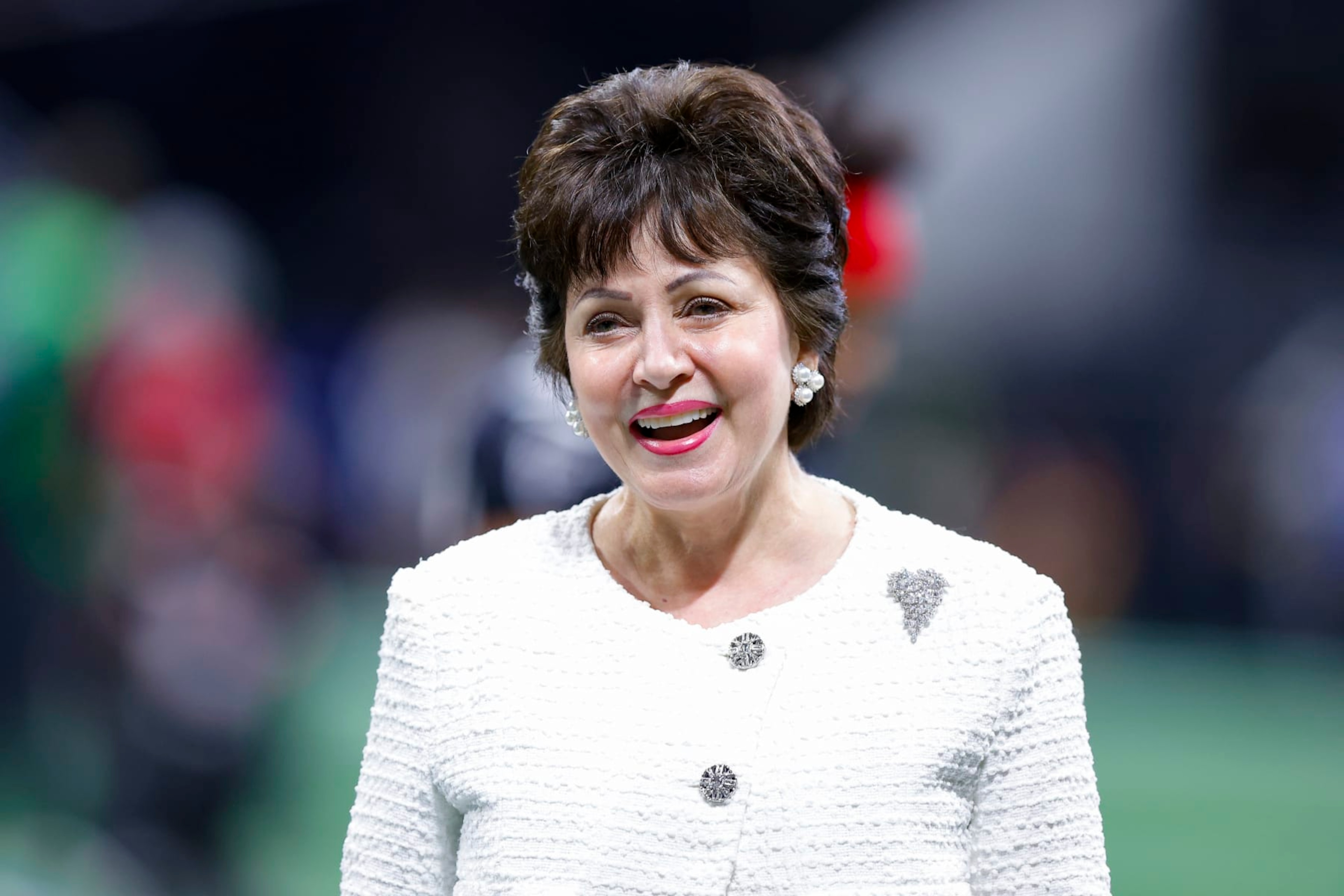 ATLANTA, GA - SEPTEMBER 11: New Orleans Saints owner, Gayle Benson comes onto the field prior to the game against the Atlanta Falcons at Mercedes-Benz Stadium on September 11, 2022 in Atlanta, Georgia. (Photo by Todd Kirkland/Getty Images) ATLANTA, GA - SEPTEMBER 11: New Orleans Saints owner, Gayle Benson comes onto the field prior to the game against the Atlanta Falcons at Mercedes-Benz Stadium on September 11, 2022 in Atlanta, Georgia. (Photo by Todd Kirkland/Getty Images)