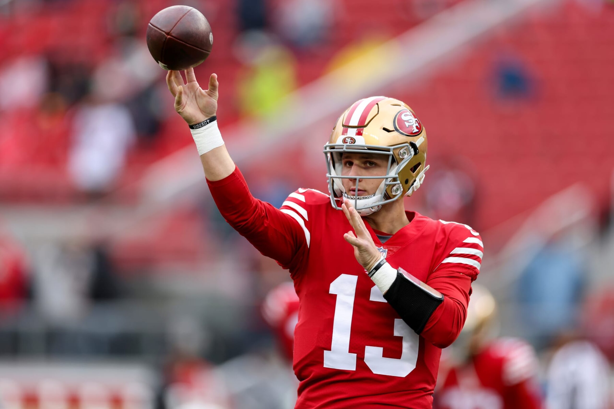 SANTA CLARA, CALIFORNIA - JANUARY 14: Brock Purdy #13 of the San Francisco 49ers warms up prior to a game against the Seattle Seahawks in the NFC Wild Card playoff game at Levi's Stadium on January 14, 2023 in Santa Clara, California. (Photo by Ezra Shaw/Getty Images)
