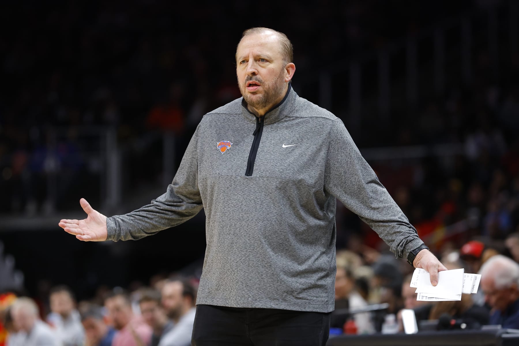 ATLANTA, GA - JANUARY 20: Head coach Tom Thibodeau of the New York Knicks reacts during the first half against the Atlanta Hawks at State Farm Arena on January 20, 2023 in Atlanta, Georgia. NOTE TO USER: User expressly acknowledges and agrees that, by downloading and or using this photograph, User is consenting to the terms and conditions of the Getty Images License Agreement. (Photo by Todd Kirkland/Getty Images)