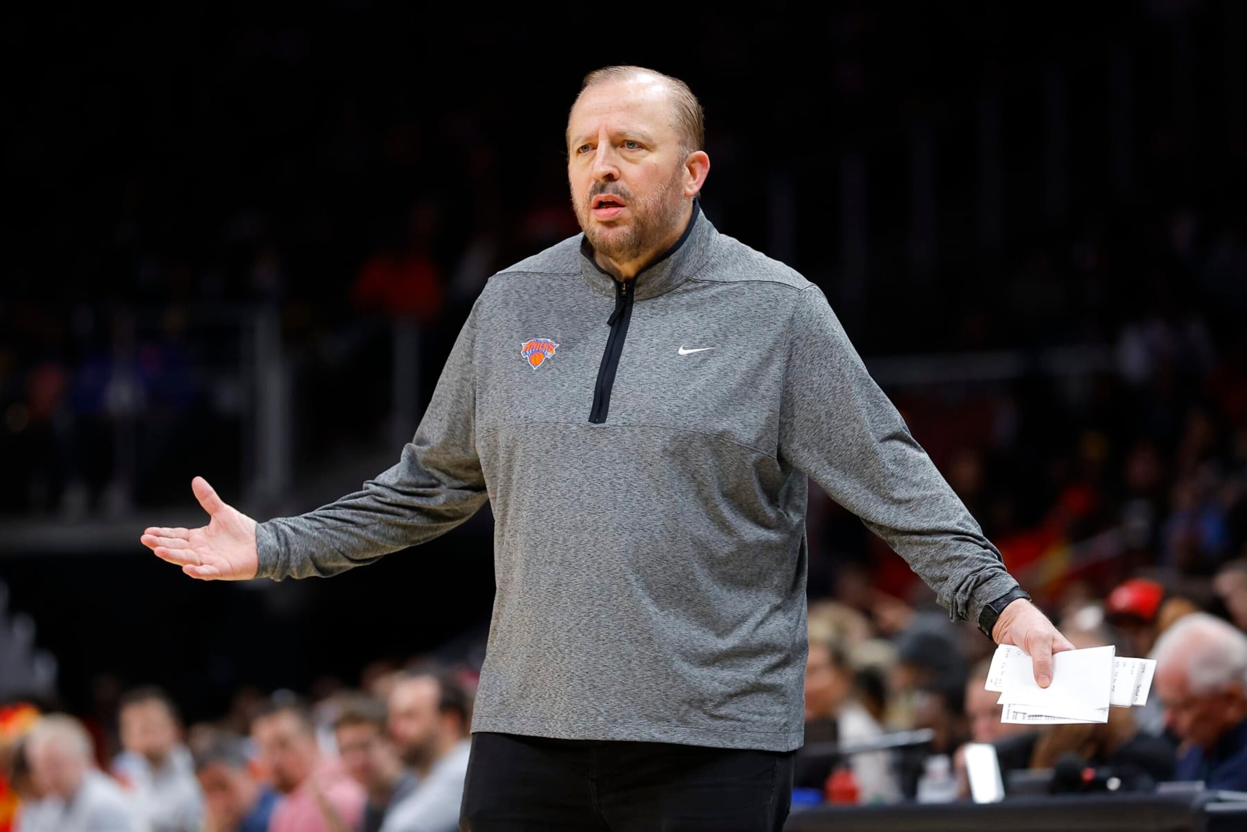 ATLANTA, GA - JANUARY 20: Head coach Tom Thibodeau of the New York Knicks reacts during the first half against the Atlanta Hawks at State Farm Arena on January 20, 2023 in Atlanta, Georgia. NOTE TO USER: User expressly acknowledges and agrees that, by downloading and or using this photograph, User is consenting to the terms and conditions of the Getty Images License Agreement. (Photo by Todd Kirkland/Getty Images)