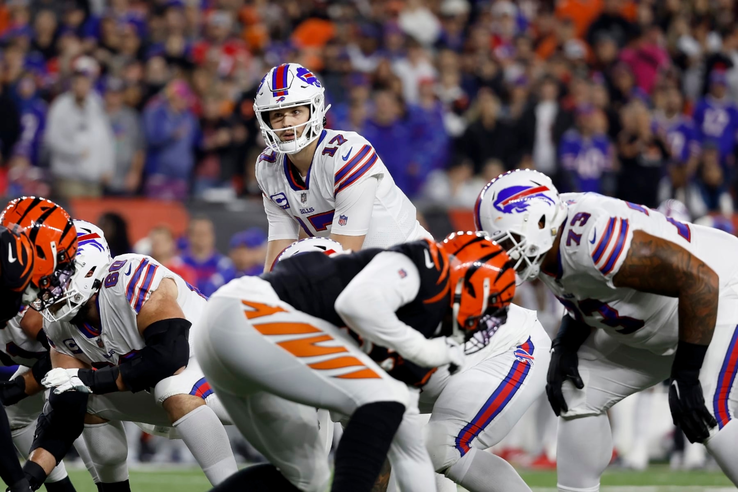 CINCINNATI, OH - JANUARY 02:  Josh Allen #17 of the Buffalo Bills lines up for a play during the game against the Cincinnati Bengals at Paycor Stadium on January 2, 2023 in Cincinnati, Ohio. (Photo by Kirk Irwin/Getty Images)