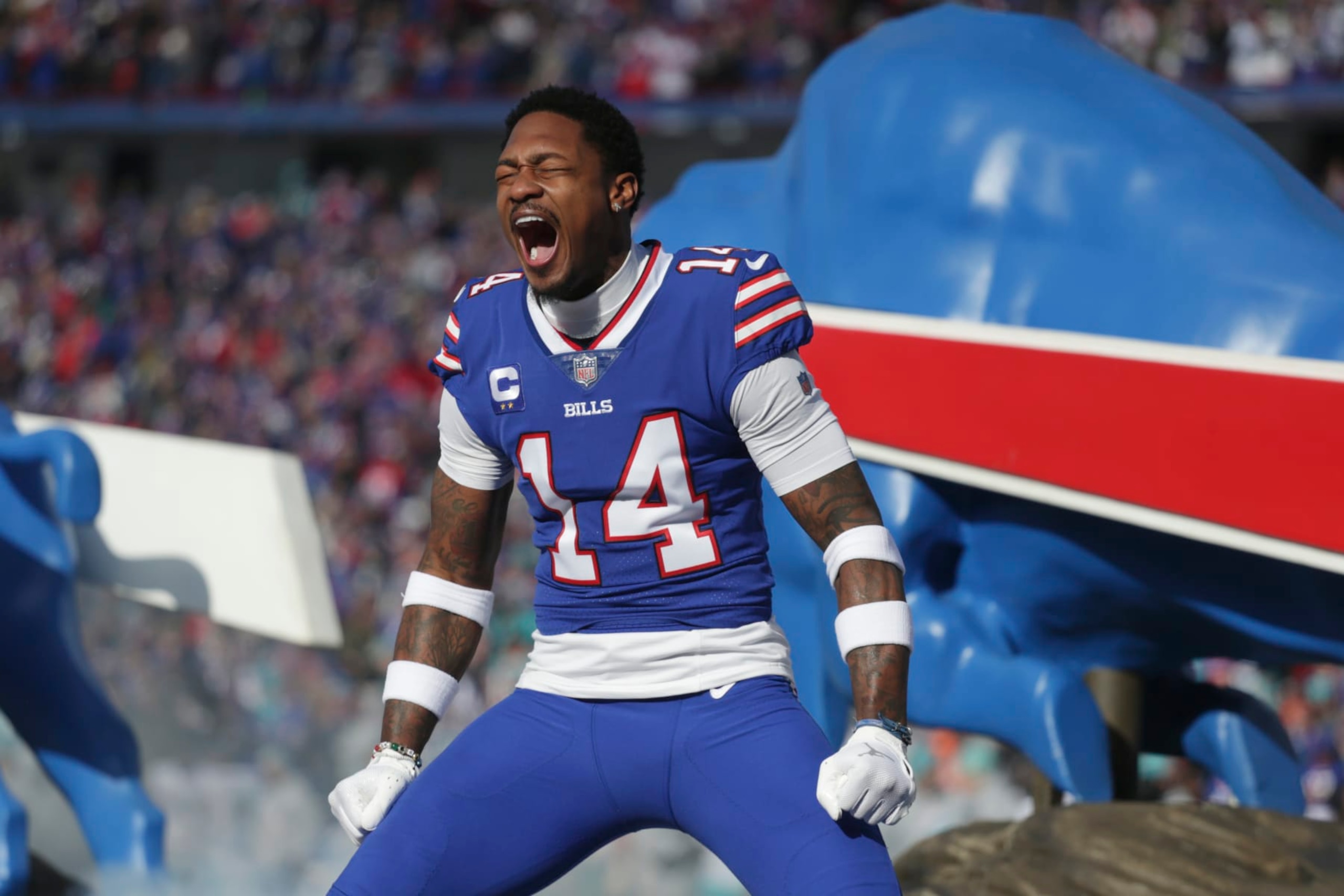 Buffalo Bills wide receiver Stefon Diggs (14) arrives on the field prior to an NFL wild-card playoff football game against the Miami Dolphins, Sunday, Jan. 15, 2023, in Orchard Park, N.Y. (AP Photo/Joshua Bessex)