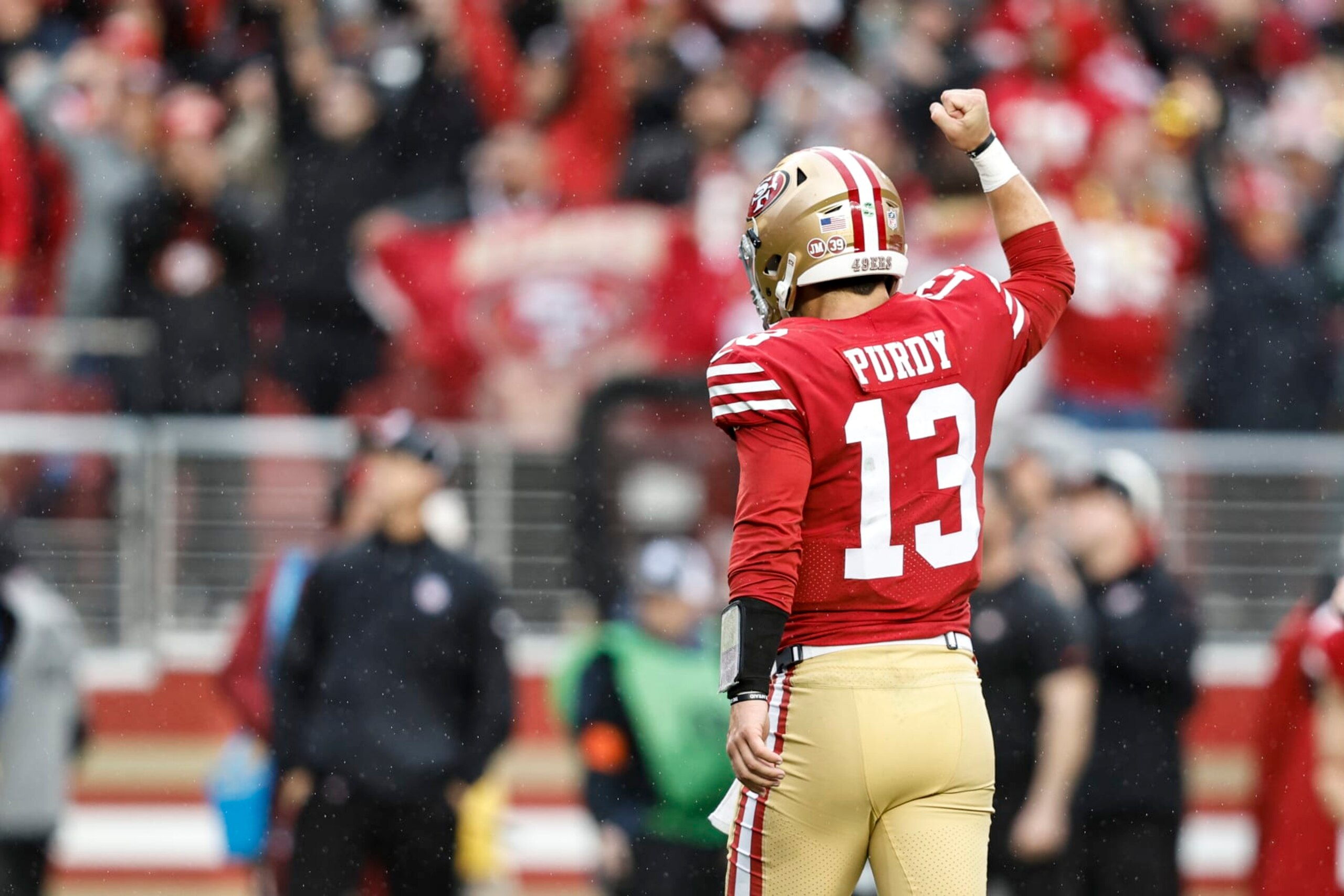 SANTA CLARA, CALIFORNIA - JANUARY 14: Brock Purdy #13 of the San Francisco 49ers celebrates after a touchdown during an NFL football game between the San Francisco 49ers and the Seattle Seahawks at Levi's Stadium on January 14, 2023 in Santa Clara, California. (Photo by Michael Owens/Getty Images)